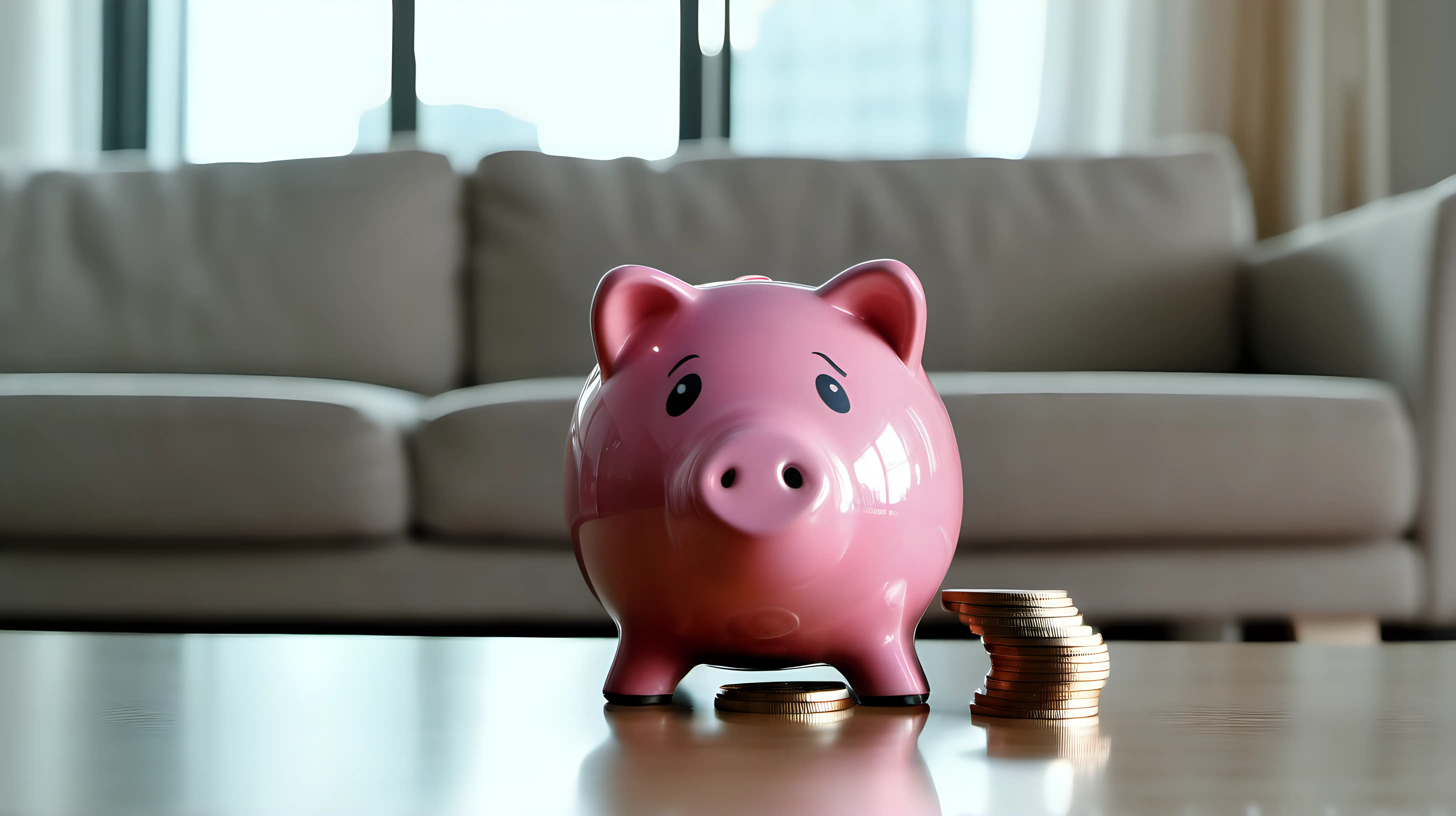 Bright Living Room Scene with 5 Pink Piggy Banks and Coins