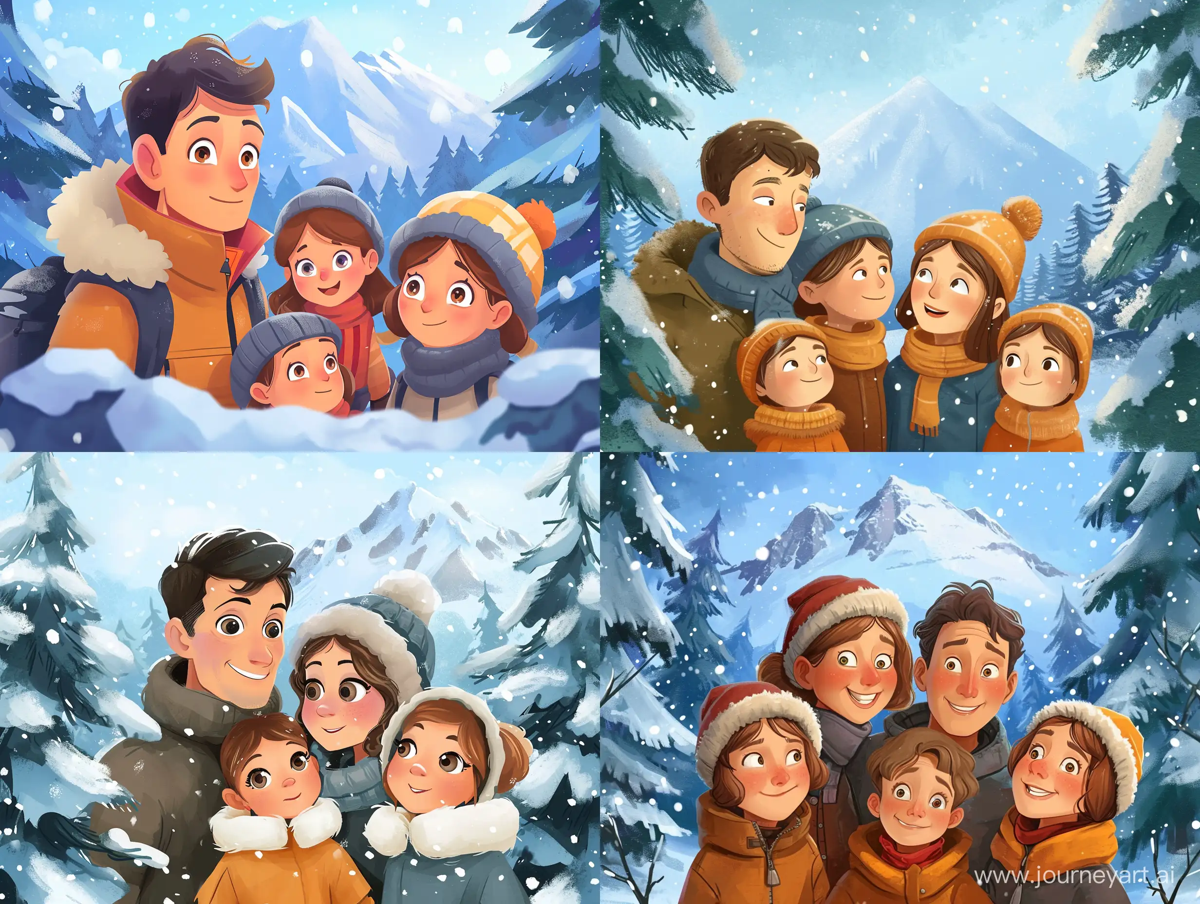 cute cartoon style. Family (mom dad and 2 kids) looking at us who is dressed in warm winter gear and in the background is a snowy mountain, and snowy fir trees