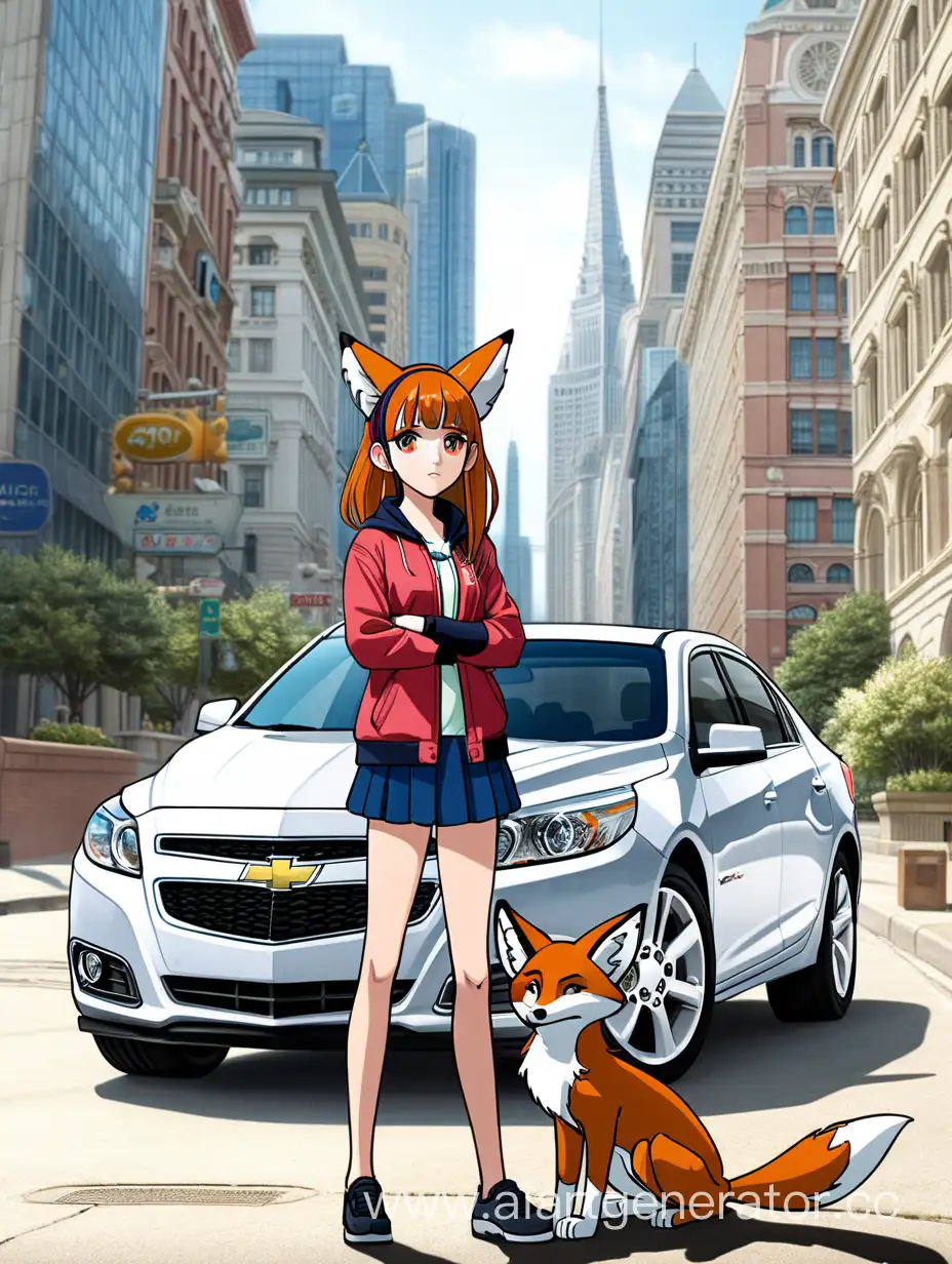 chevrolet malibu 2013, аниме, девушка с лисьими ушками стоит рядом с машиной в городе