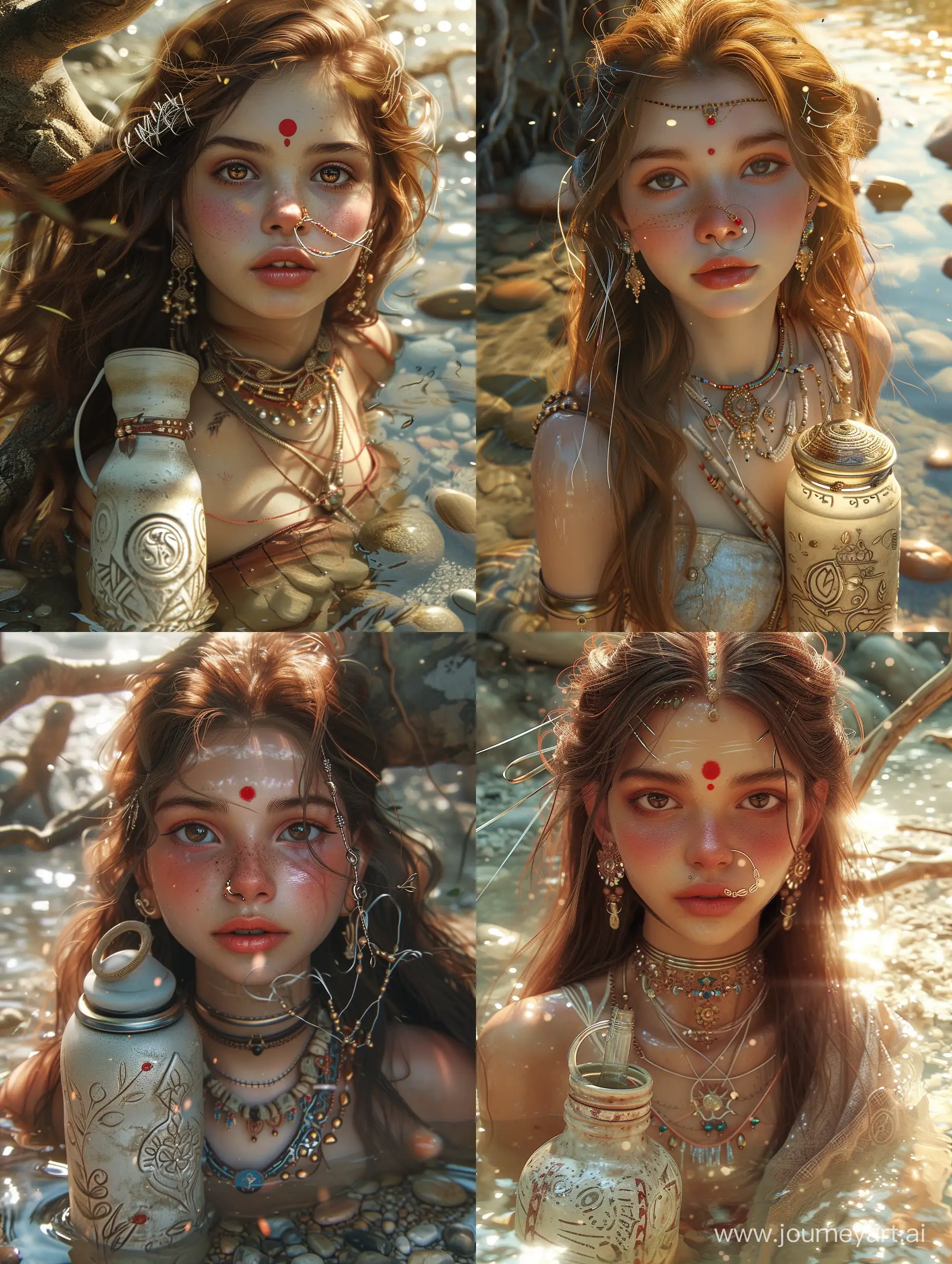 A beautiful 20-year-old Indian girl with rosy cheeks, glossy lips, metal threads woven in her hair, a red mole between her eyebrows, earrings, a detailed nose ring, and a meticulously detailed necklace. She has long chestnut hair, carries a ceramic water bottle with engraved relief, and walks in a clear stream with pebbles and ancient tree roots. Sunlight reflects on her.