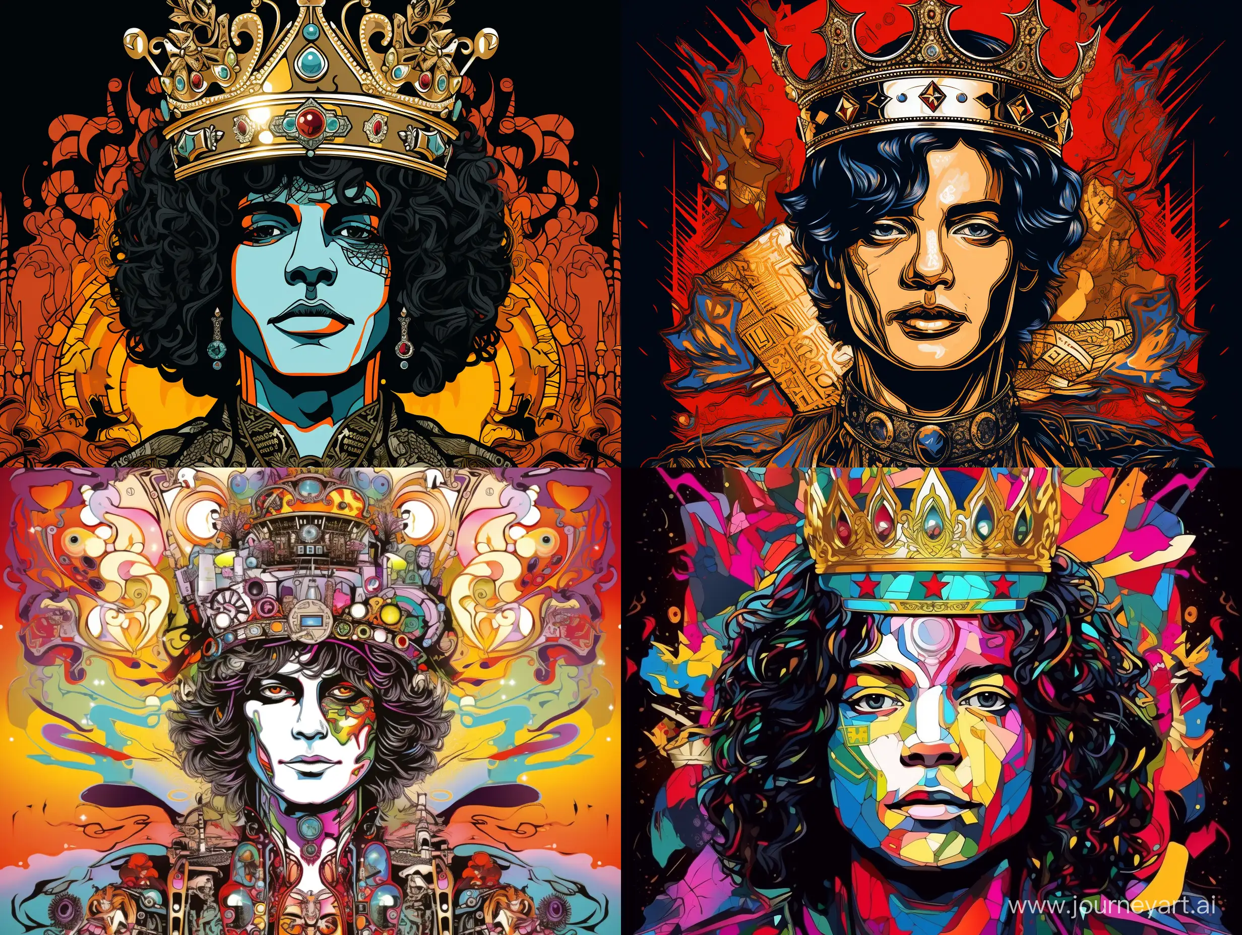 Waist portrait of Michael Jackson, with a crown on his head, mature years, handsome, with a small nose, against a background of musical symbols, many details, complex colors, caricature, pop art style