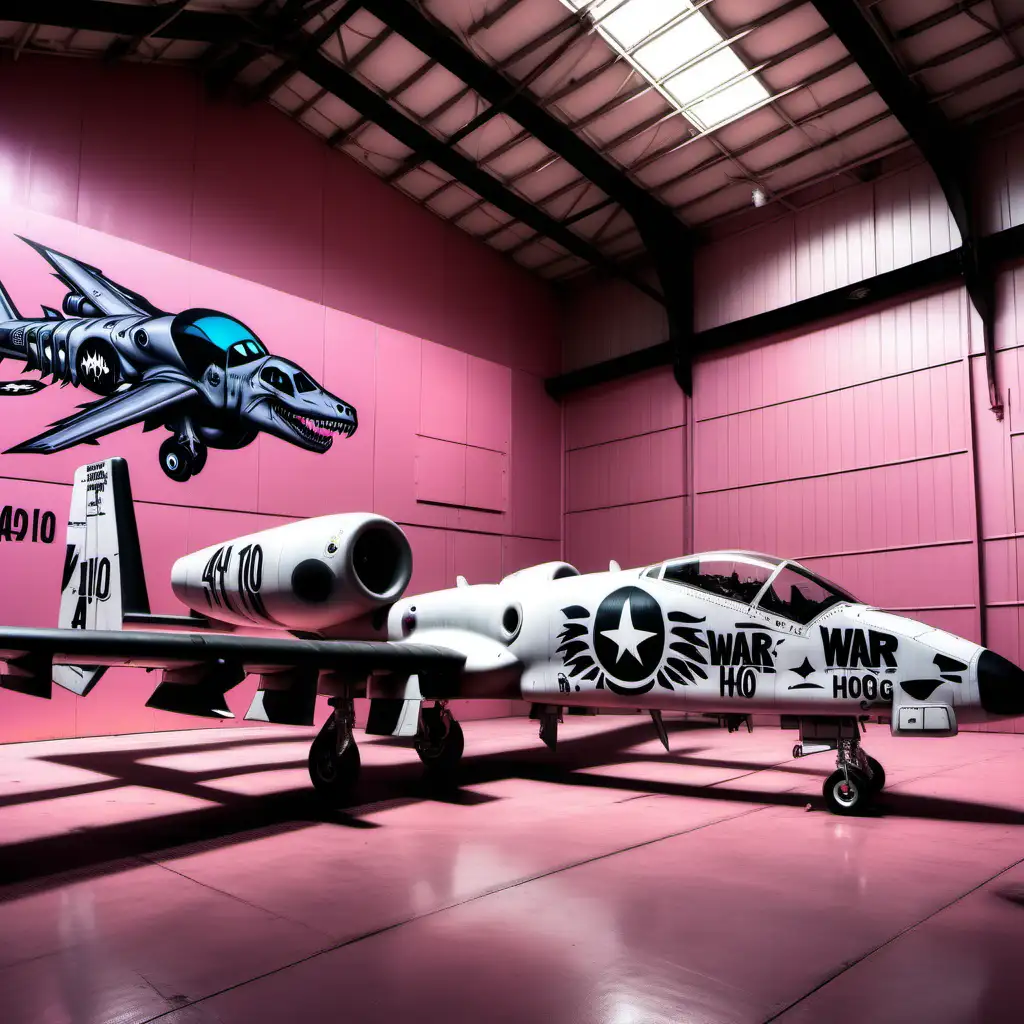 A-10 war hog plane sitting in hanger. pink walls. 
grim reaper graphic on side of plane. 
dinosaur graphic. 
