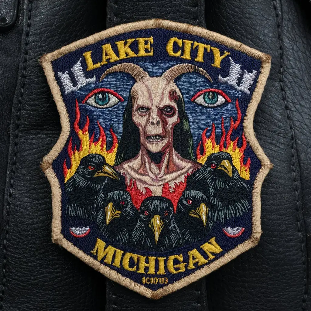 antique three color embroidered patch depicting a gaunt humanoid figure with the head of a goat without a mouth in the center, hole in torso, over a Christmas tree with the all-seeing eye, flames, four black crows with bright eyes, Old English font spelling "Lake City", Old English font spelling "MICHIGAN", worn and aged, coarse, black thread, canvas backing, black leather, biker patch, heavy metal