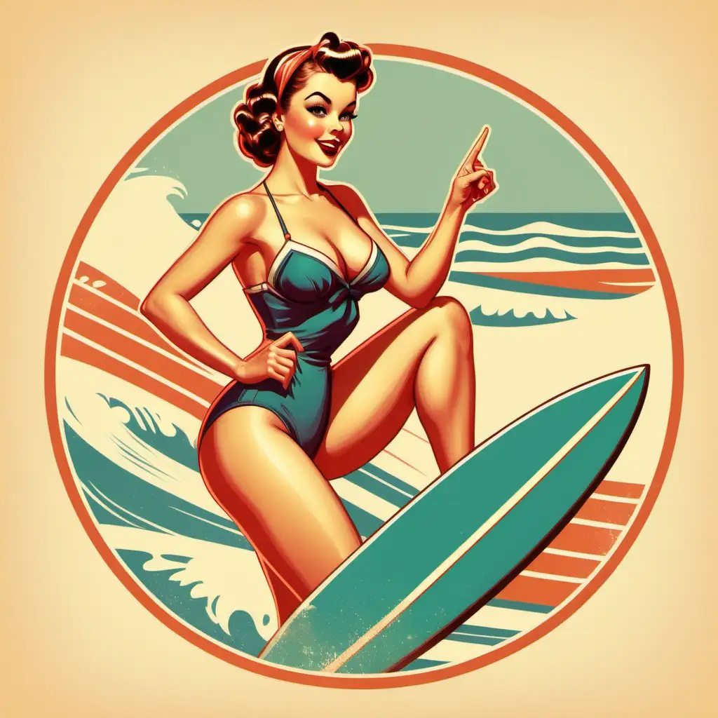 Retro poster design, retro colors. Pinup style. Very nice drawing, flat, 2d, vintage style. Vintage lady, Circle composition. holding Surf board. Summer elements. Very elegant lady  dressed in swim suit . Pointing on you