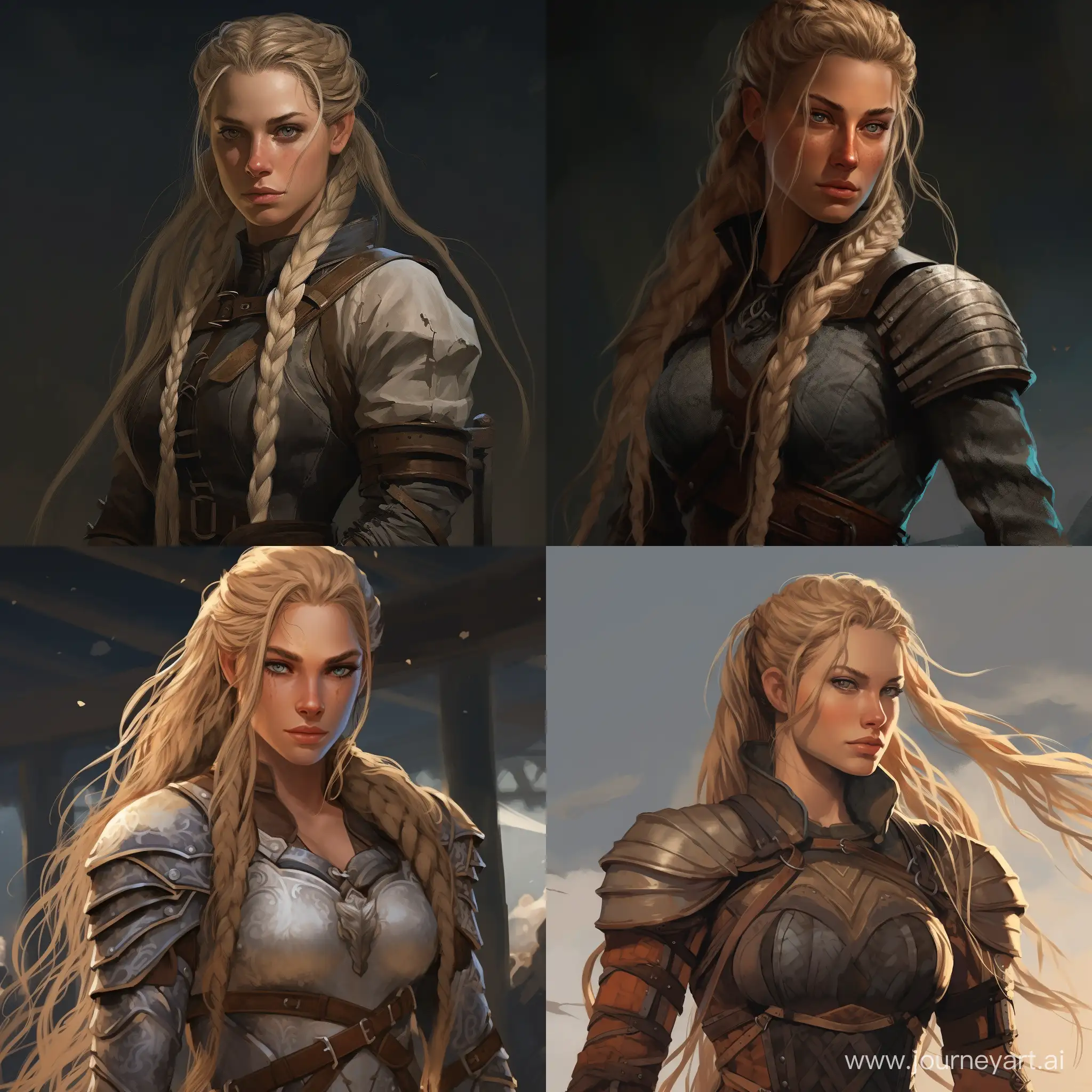 A huge and  muscular female knight; she has freckles on her face, blue eyes, and blonde hair tied in a very thick and very long braided ponytail.
