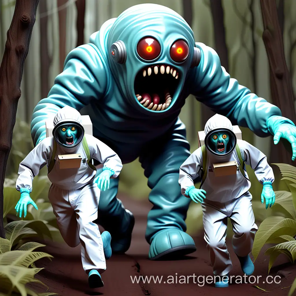 Fleeing-Scientists-in-Full-Protective-Suits-from-Menacing-Monster