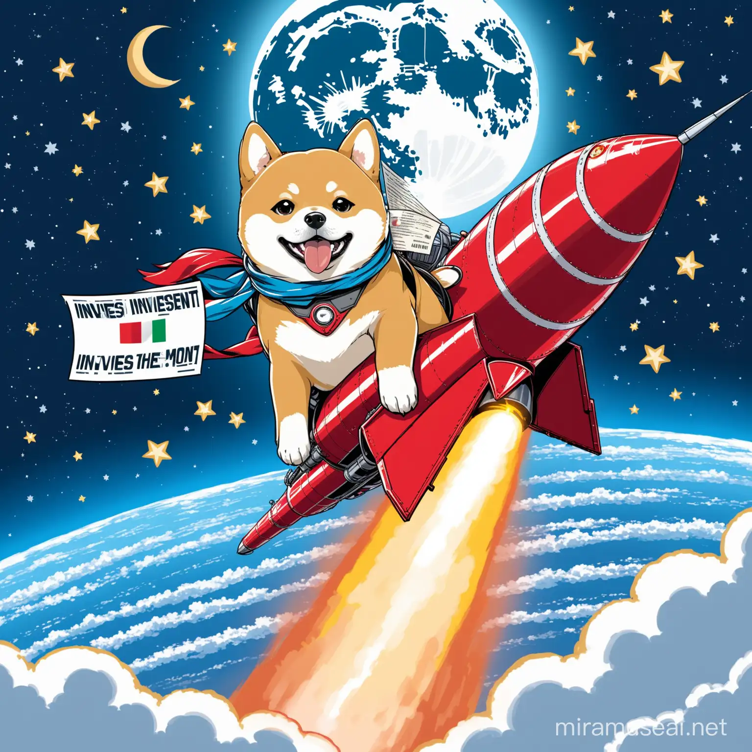 shiba dog riding a huge rocket towards the moon, holding an italian investment note in mouth