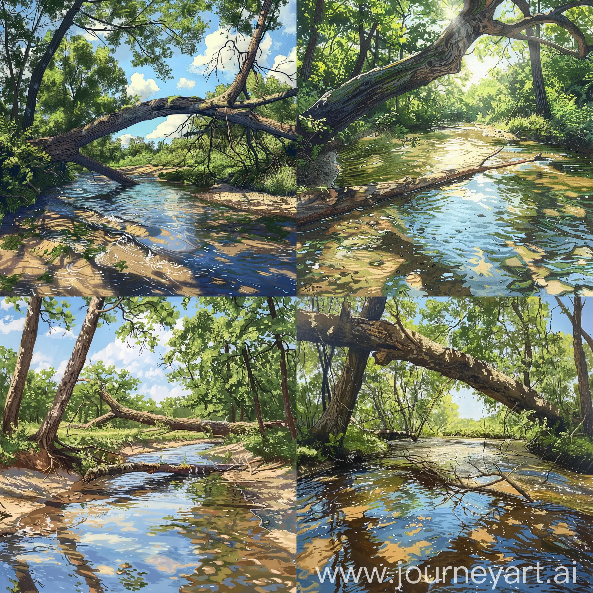 sunny day, deeper water in a creek, one tree has fallen with the trunk of the tree across the creek, the creek is wide, children's realistic art illustration