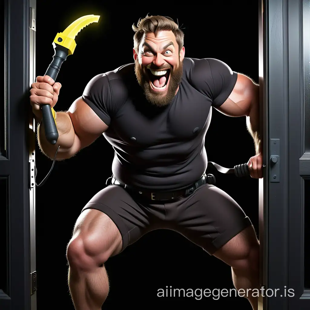 sneaky burglar, bulky grown man with beard, grinning, with a big hard bulge, nasty ugly pervert, full body, agile, dynamic, fit & strong, holding vibrating taser baton club, window gazing, black background, breaking through window or opening door, electrocuting automatic mace, penetration device, stocking mask