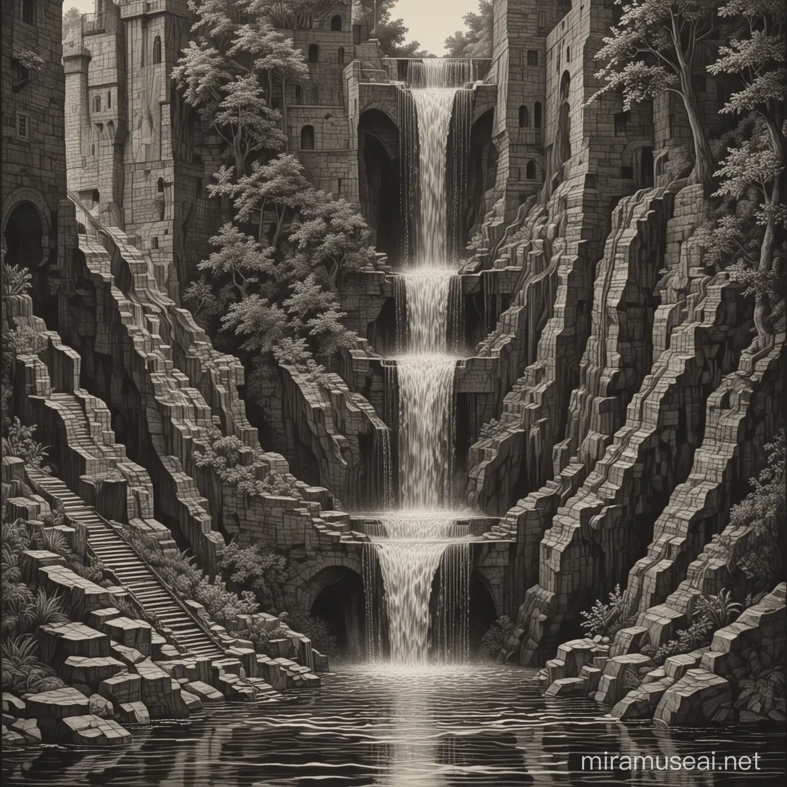 Highly detailed mezzotint painting based on ((('Waterfall' (1962) by M.C. Escher))), a tower with an aqueduct and waterfall, water flows in a circuit around the aqueduct, high quality, use sepia color only, high quality


