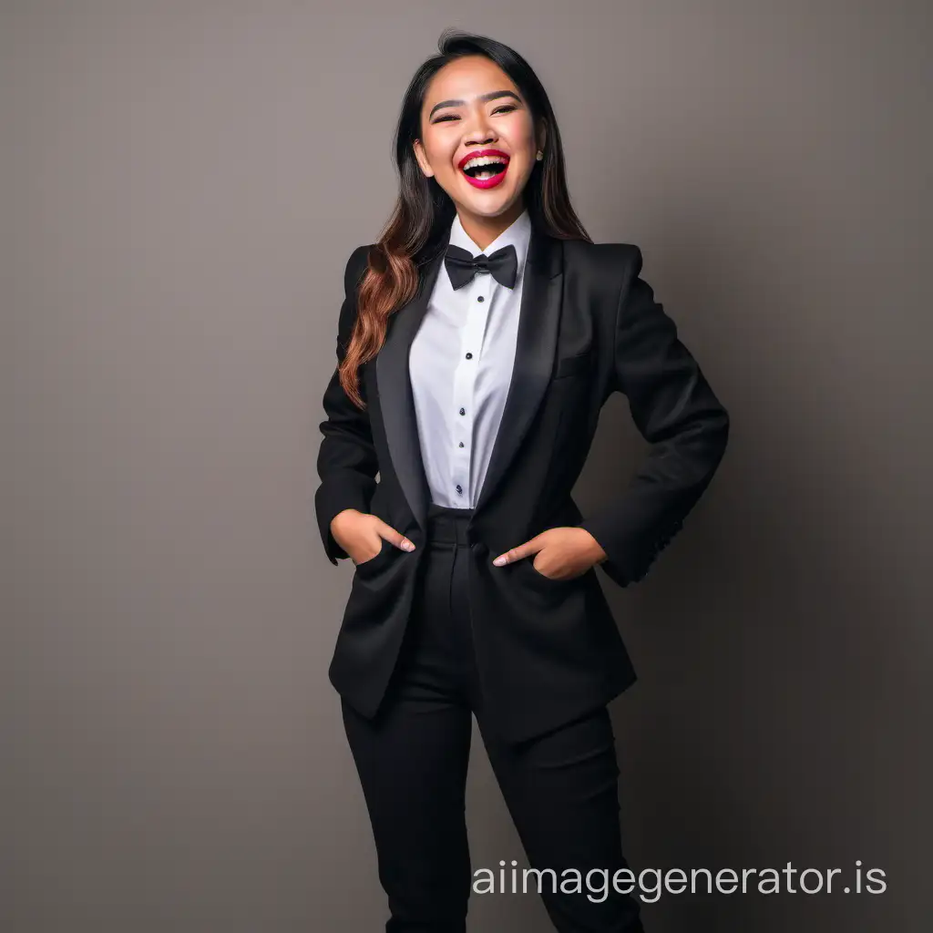 confident and formal young Filipino woman wearing a tuxedo, lipstick, hands in pockets, smiling and laughing, jacket open