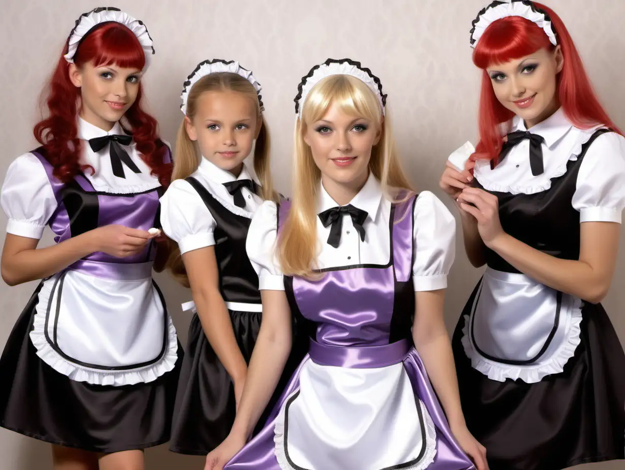 litle girls in long crystal satin retro maid red lilac black uniforms and milf mothers long blonde and red hair,black hair