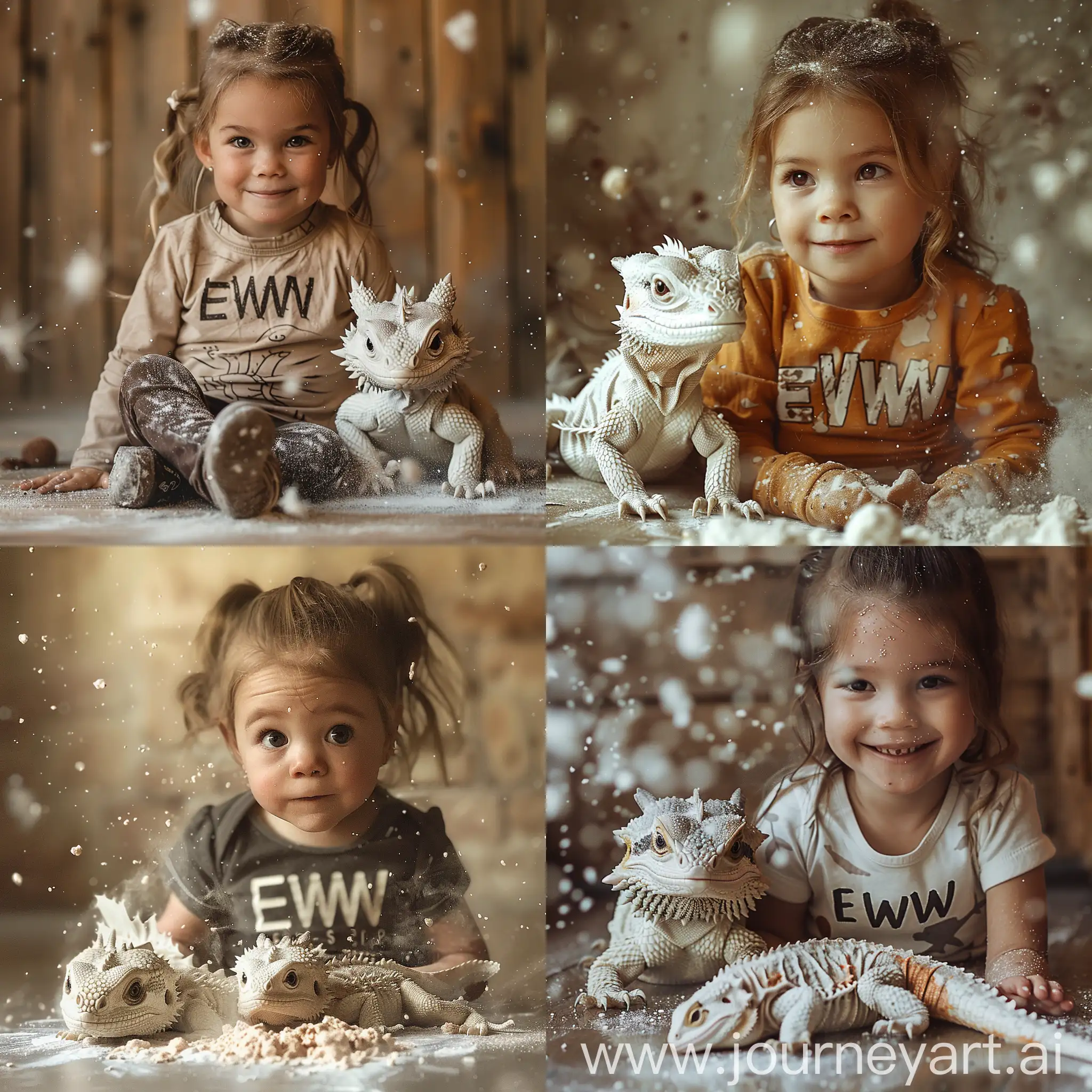 /imagine prompt: Close-up photo of a little girl with a shirt with the inscription "EWW" sitting on the floor next to a white  baby dragon,, surrounded by particles. --stylize 300 --style raw --v 6
