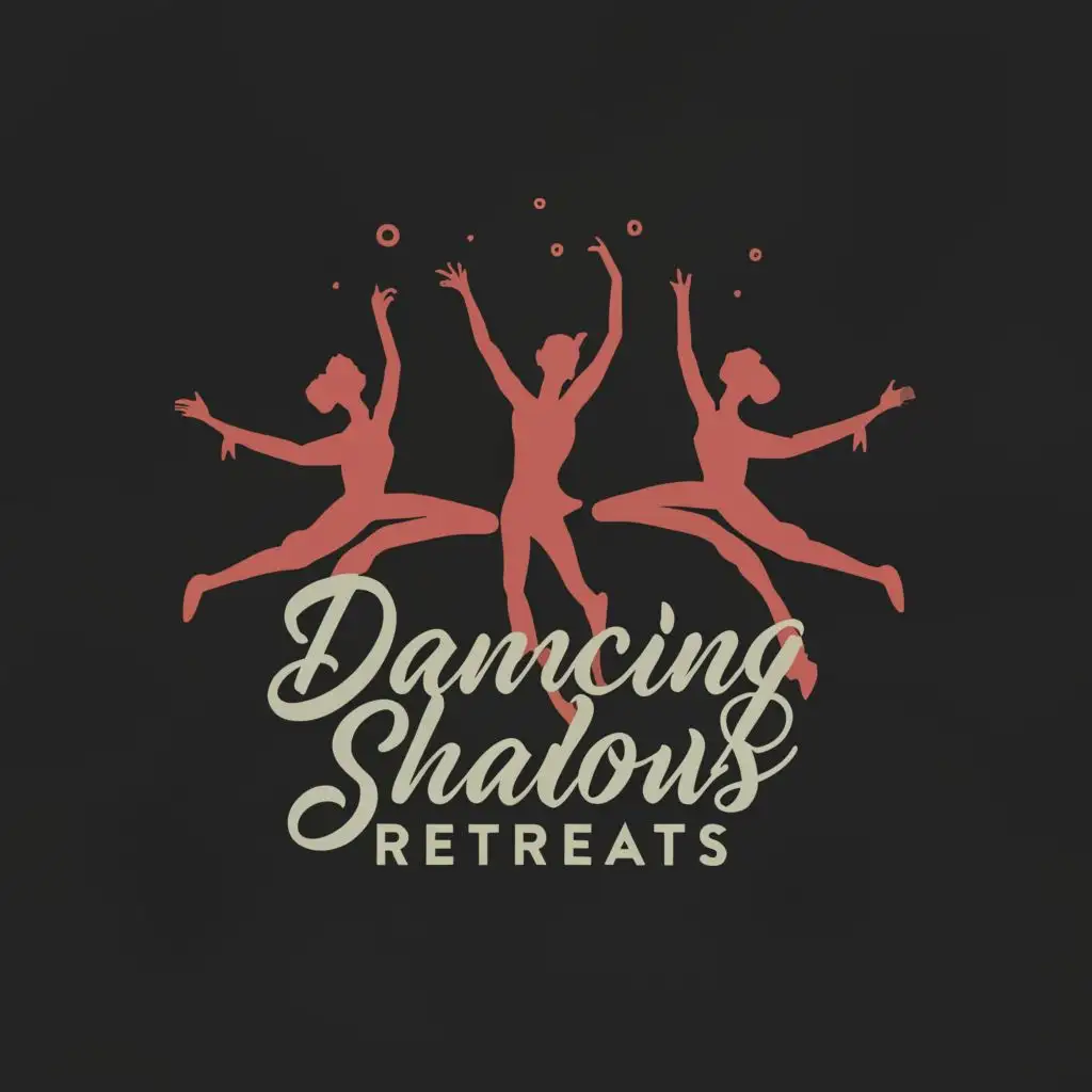logo, 3 dancing girls silhoutte, with the text "Dancing Shadows Retreats", typography