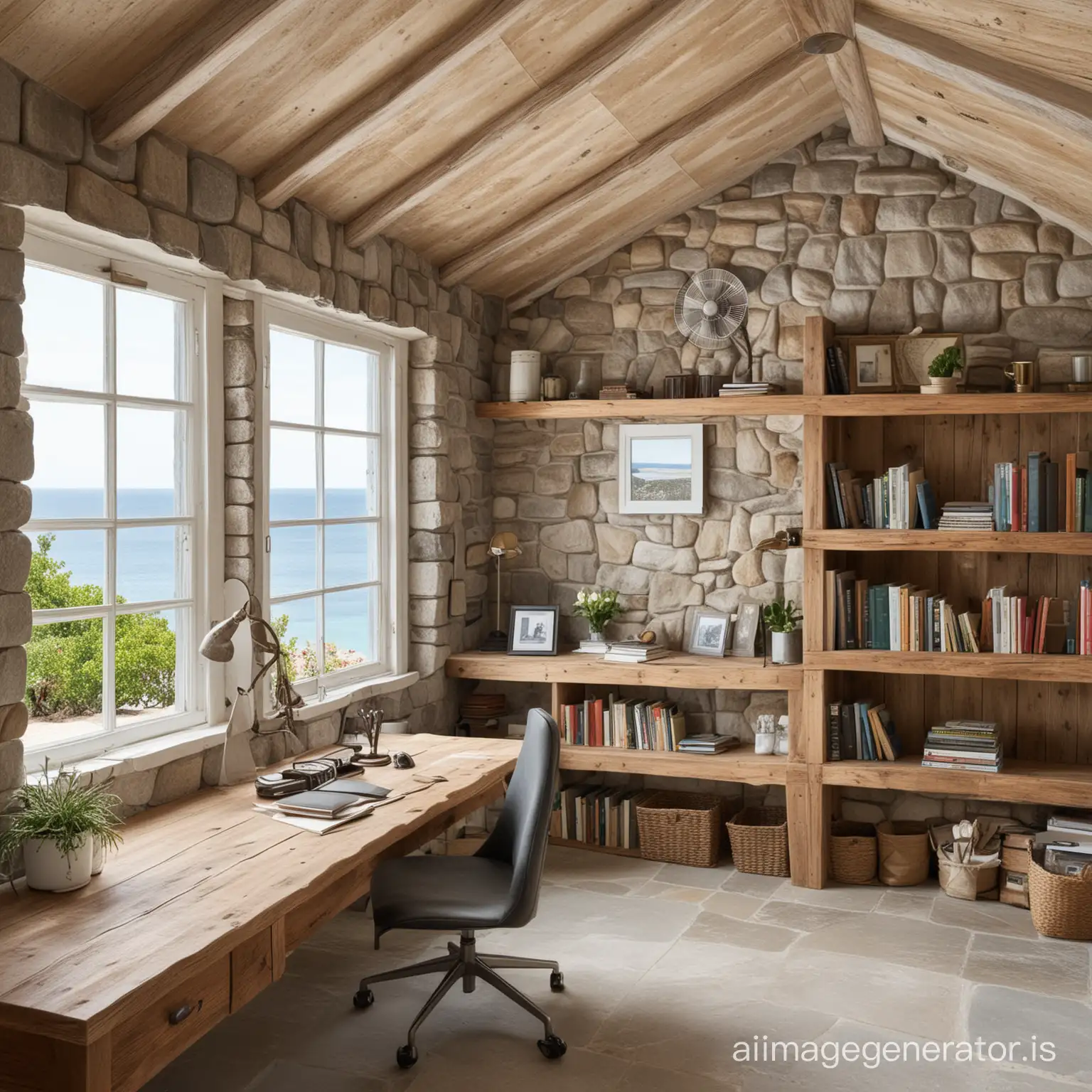Rustic 160 square foot office in a stone sea cottage with a very small long window along one white wall looking out towards the sea, high slanted wood ceiling with fan, bookshelves along the back wall