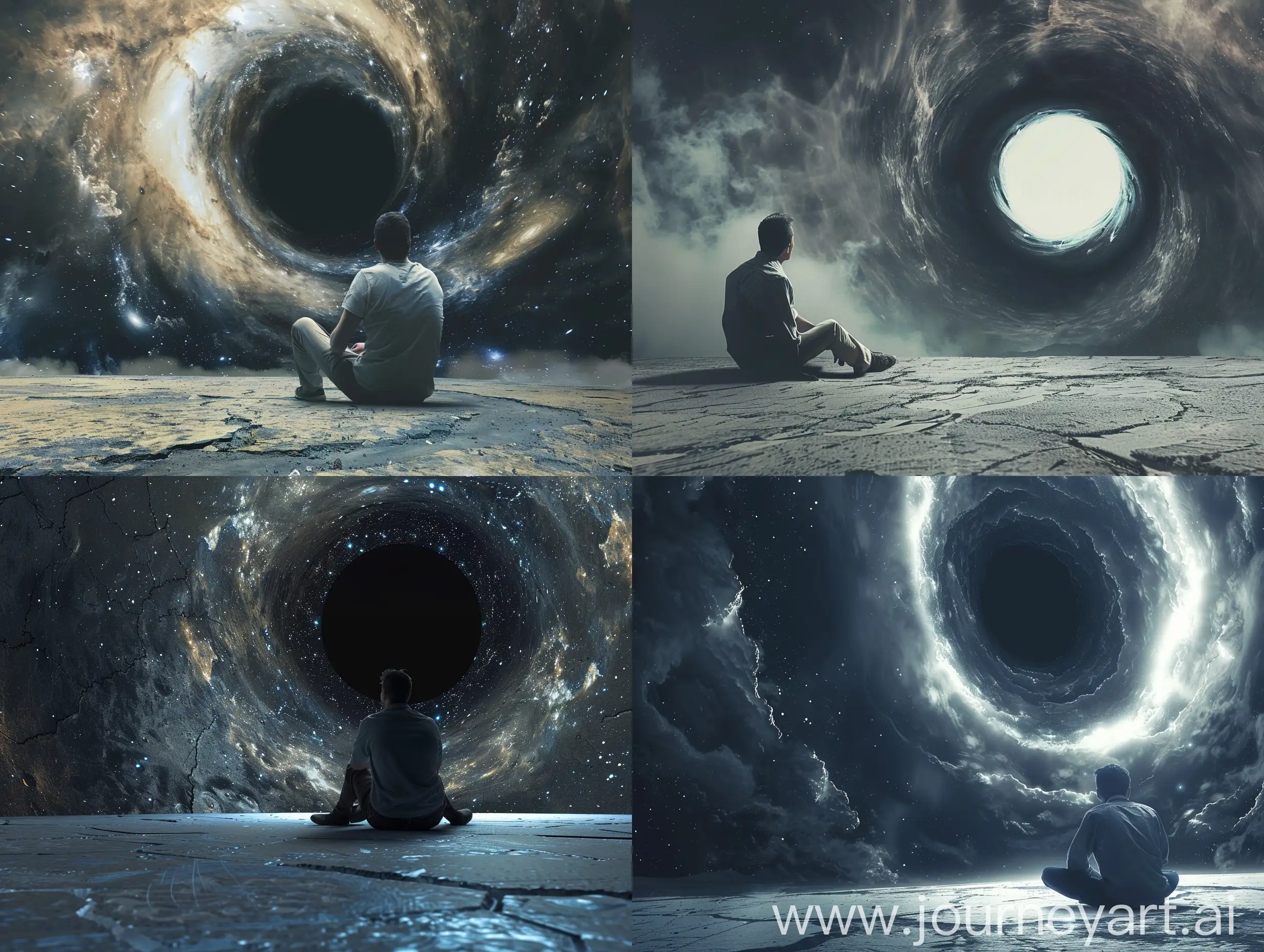 Мужчина сидя на земле смотрит на огромную черную дыру