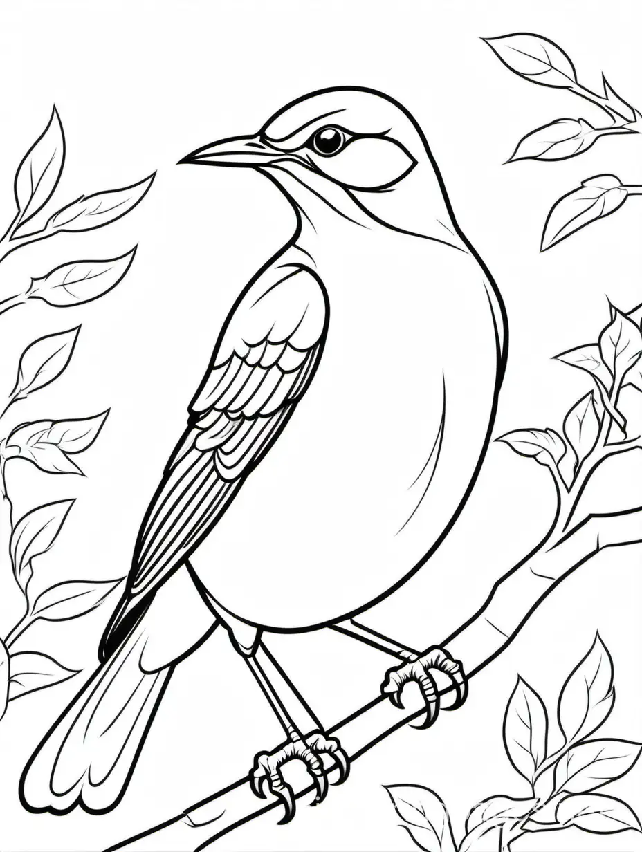 mockingbird, Coloring Page, black and white, line art, white background, Simplicity, Ample White Space. The background of the coloring page is plain white to make it easy for young children to color within the lines. The outlines of all the subjects are easy to distinguish, making it simple for kids to color without too much difficulty