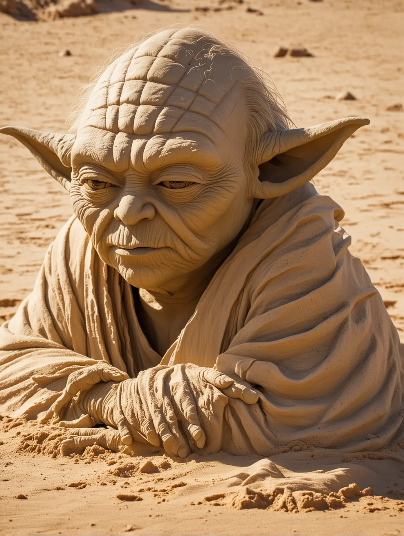 "A close-up of a sand figure of Master Yoda in the depths of the desert. Getting every minute detail illuminated by the harsh desert sun, from the wrinkles around his wise and kind eyes to the grooves in the Jedi Master's forehead.
