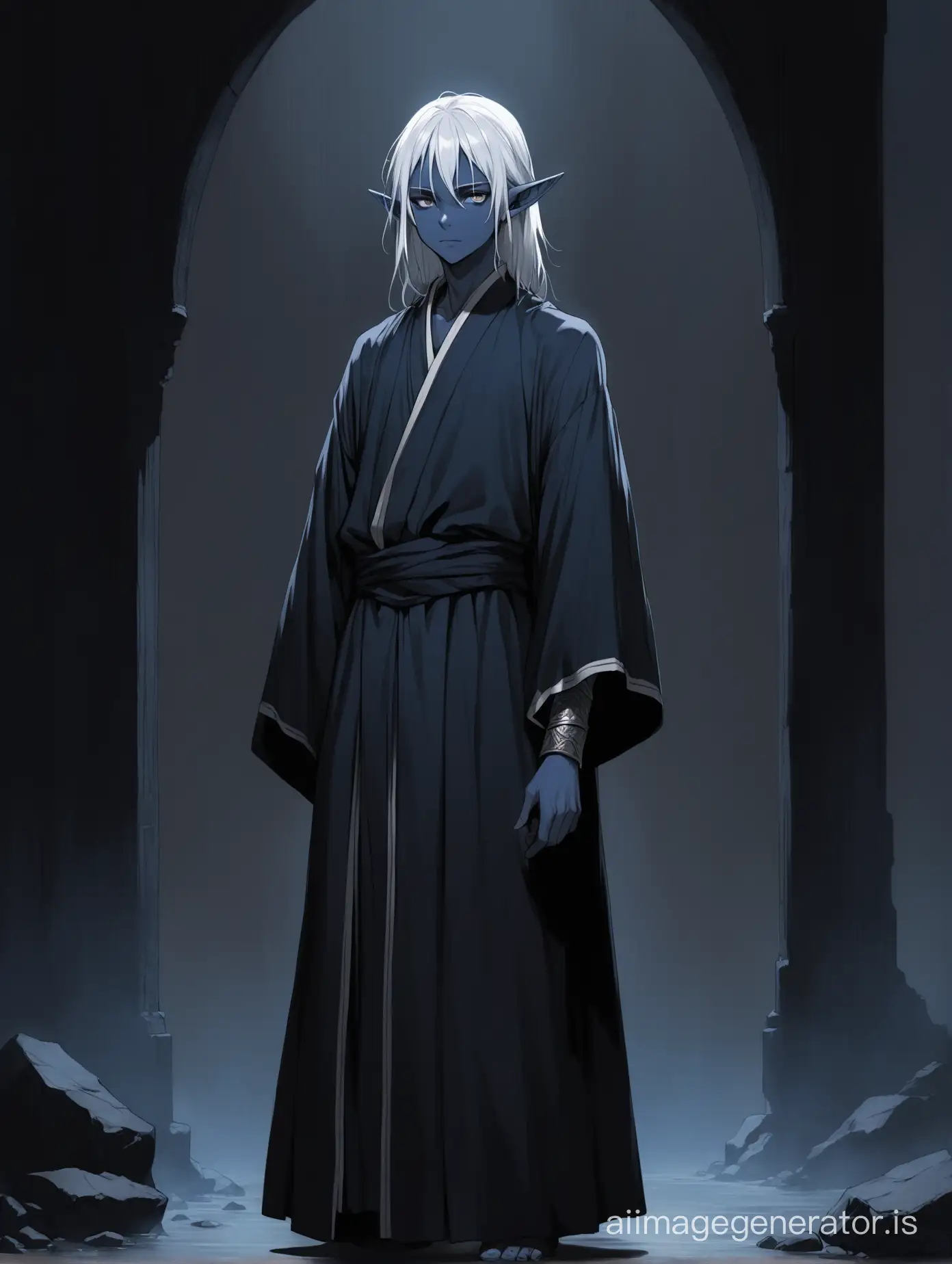 A 16-year-old boy, a dark elf with gray-blue skin, with white hair in a dark robe and a black shirt, stands in the dark