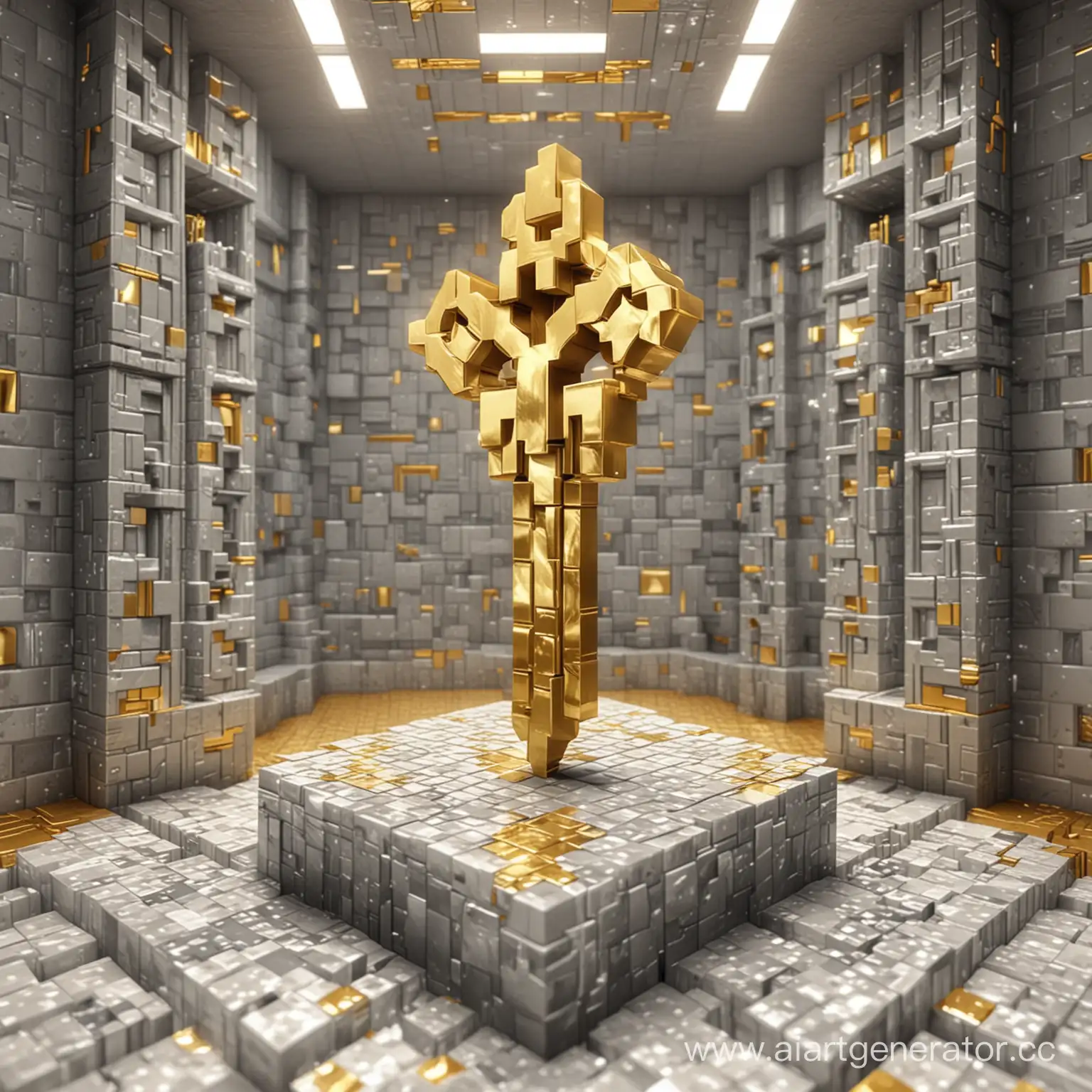 майнкрафт,гаичный ключь золотистого серебреного цвета, стоит в золотой серебреной камнате из кубиков.