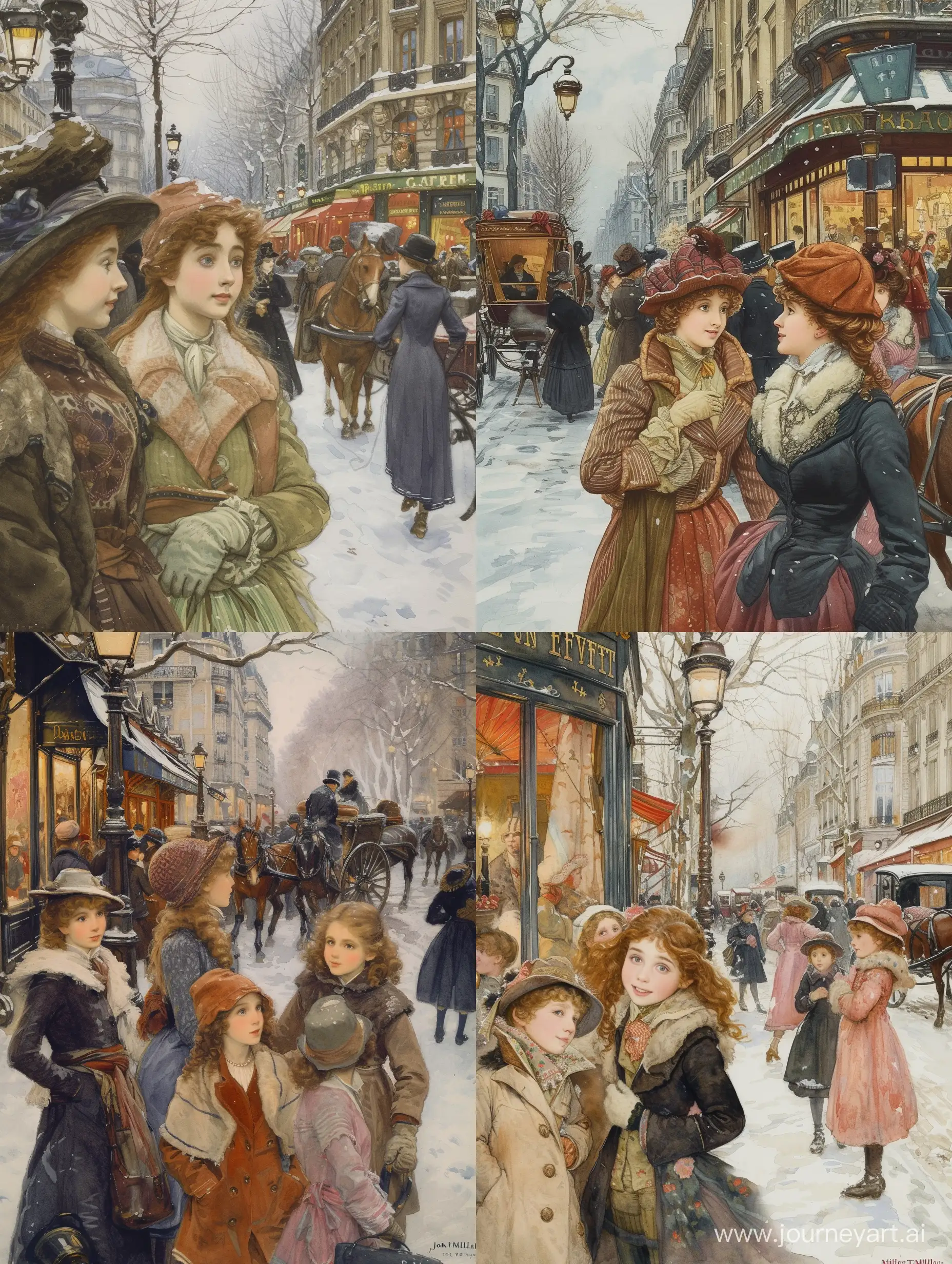 Subject: The central theme of the image is a winter scene in Paris in 1910, capturing the essence of a busy street. The focus is on a group of elegant girls, highlighting the fashion and lifestyle of the time. The artist, John Everett Millais, skillfully brings the historic setting to life through his Watercolor painting. Setting: The background features a bustling street in Paris during winter, creating a lively atmosphere with people engaging in various activities. The winter setting adds a charming touch, with perhaps snow-covered streets and vintage architecture. Style/Coloring: Millais employs the classic style of Watercolor painting, using rich and warm colors to evoke the ambiance of the early 20th century. The winter palette may include cool tones like blues and grays, contrasting with the vibrant colors of the girls' clothing. Action: The girls are depicted engaging in daily life activities, suggesting movement and vivacity. Millais captures the dynamic energy of the busy street, enhancing the narrative of the era. Items/Costume: The girls are likely adorned in fashionable clothing of the time, showcasing the trends and styles prevalent in 1910 Paris. The painting may feature accessories such as hats, gloves, and other period-specific items. Appearance: The characters' appearances are refined and sophisticated, reflecting the societal norms and fashion of the early 20th century. Millais pays attention to detail, emphasizing the unique facial expressions and features of each individual. Accessories: The accessories in the painting, such as street lamps, horse-drawn carriages, and storefronts, contribute to the historical context. These details add depth and authenticity to the overall composition.