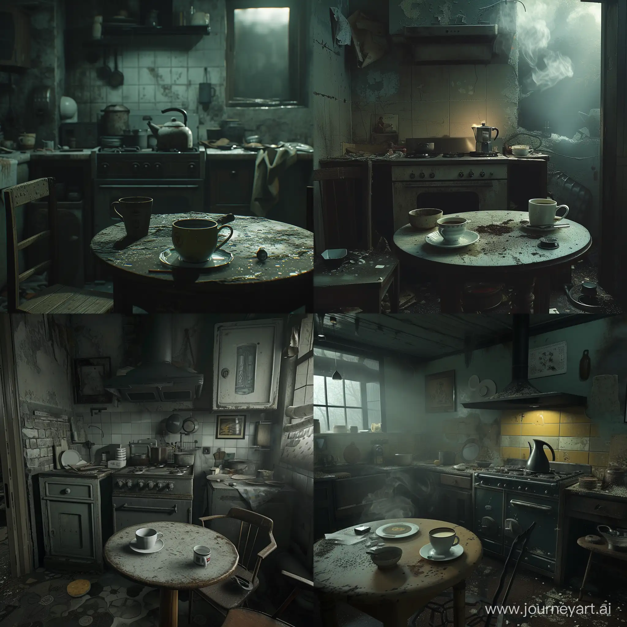 There is a cooker near the table in the very dark and messy kitchen. Thete is a cup of coffee on the table near the cooker. There is a kettle with boiling water on the cooker.