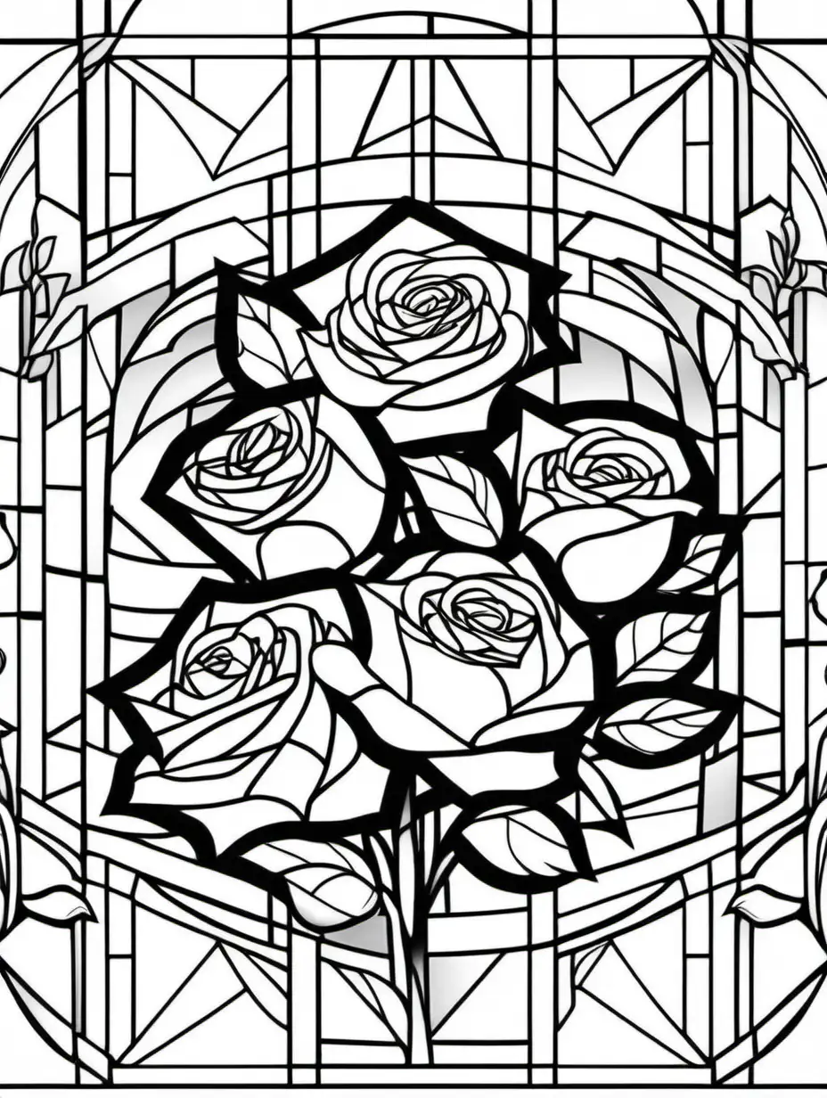 roses, geometric, stained glass, adult coloring page, black and white, clean lines