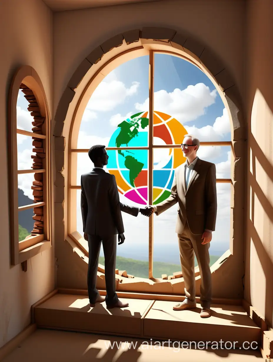 2 человека из разных стран заключают Партнерство в интересах устойчивого развития, сзади них окно/портал в будущее после 
этого партнерства