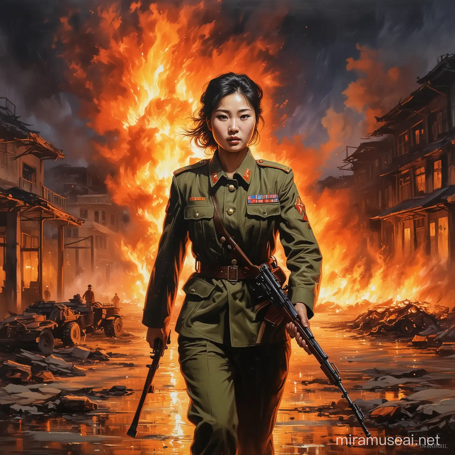 Peinture impressionniste femme soldat nord coréenne, une ville en flamme la nuit