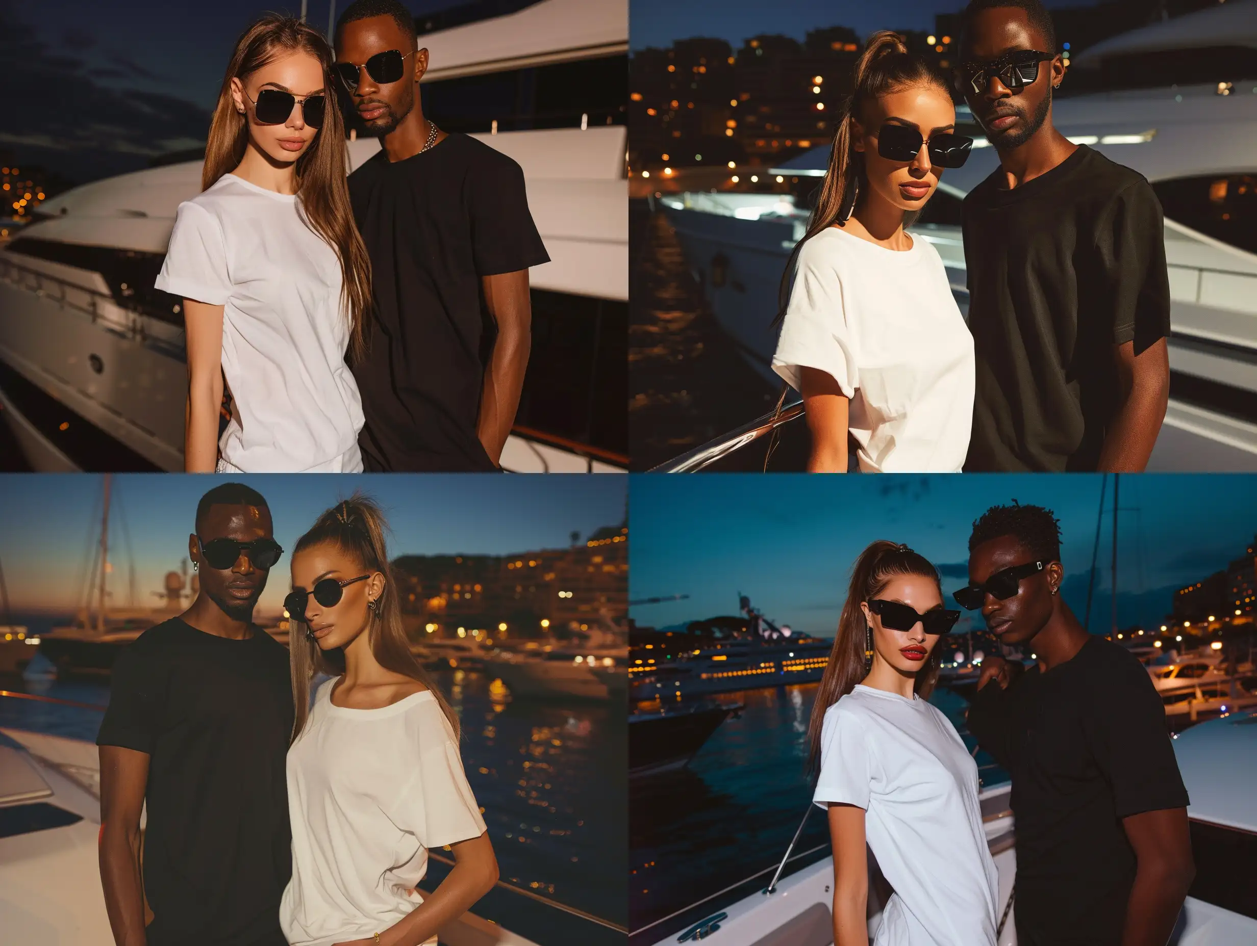 beautiful tall slim thick female model, with highend black sunglasses, very long hair, with a white t-shirt on, standing next to, a tall handsome artsy black male model, with a black t-shirt on, standing on a big luxury yacht, in Monaco, at night