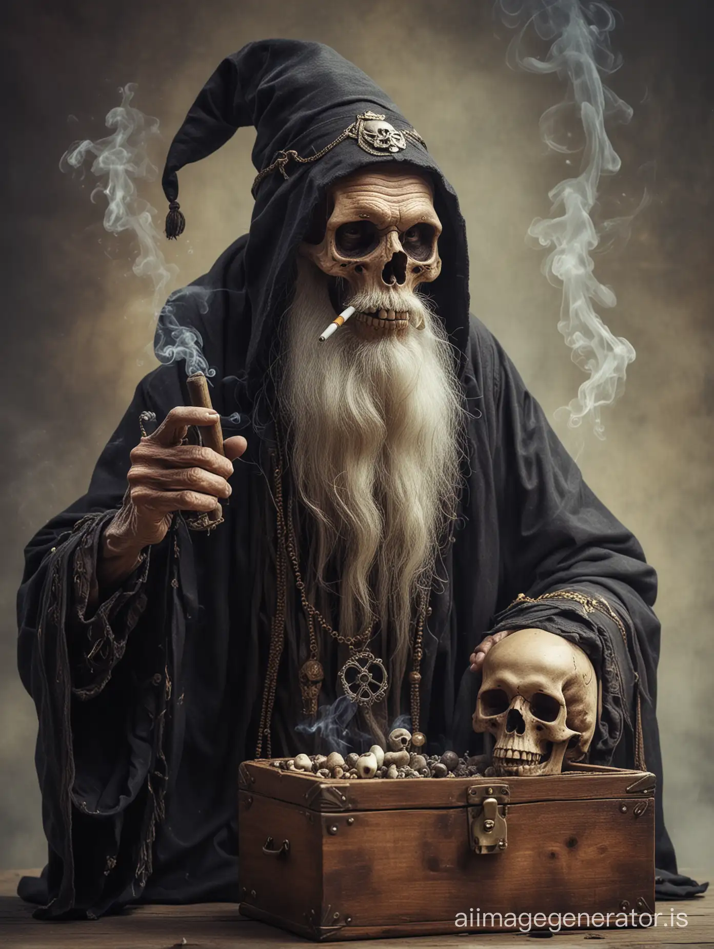 old wizard smoking drugs. Has a skull in one hand and small wooden case in the other hand