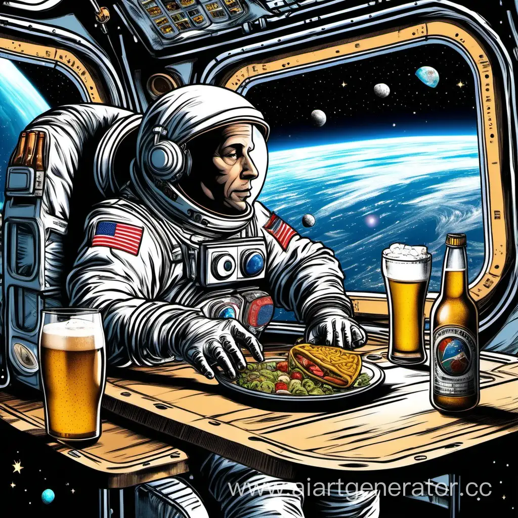 космонавт сидит за стол и пьет пиво и водку смотрит в большое окно корабля в космосе за бортом корабля летает разная еда 