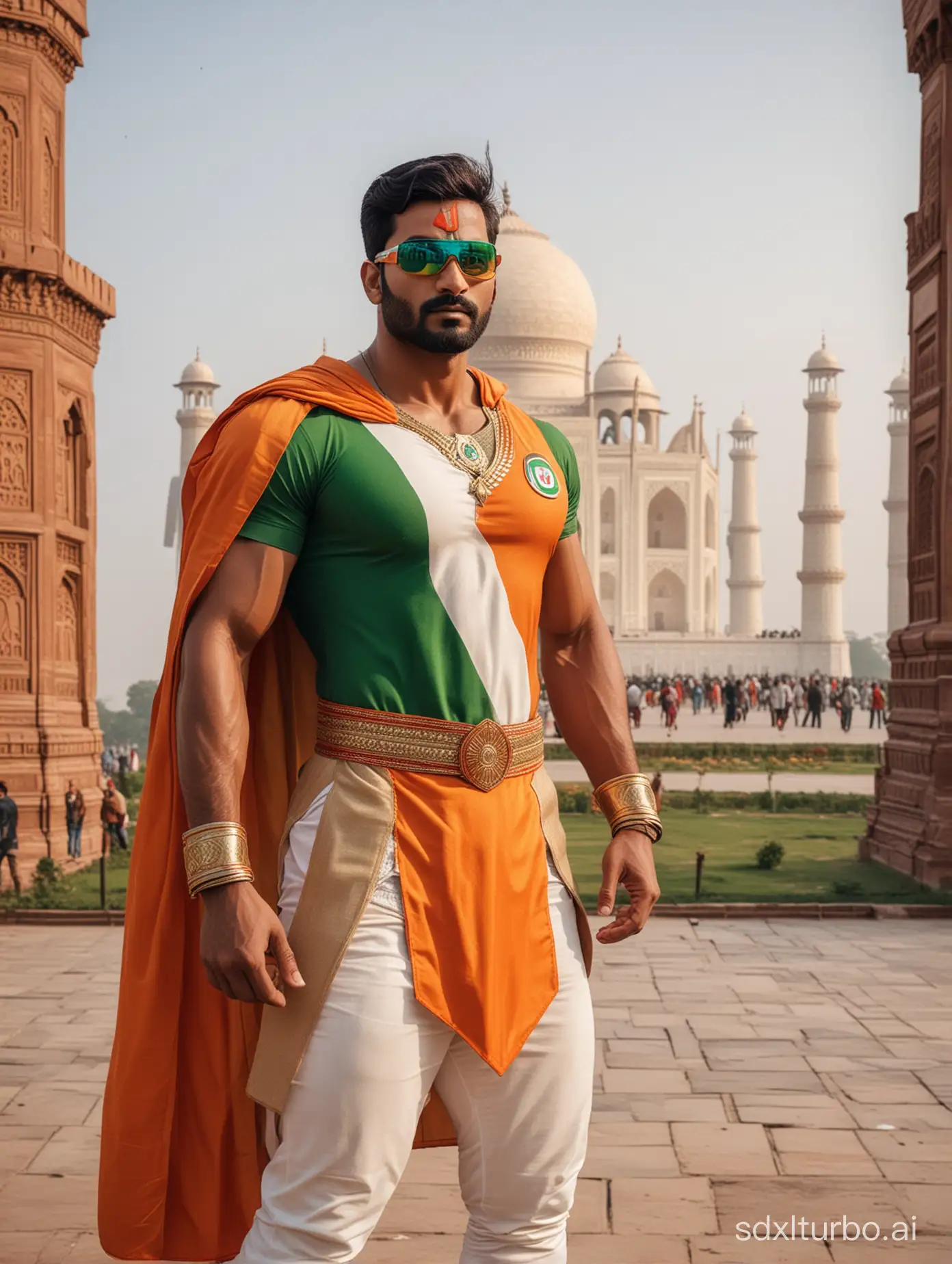 Create an indian superhero with costume based on indian flag colours and indian flag logo on chest. The costume should have 60% orange, 30% white and 10% green. The costume should have armour and superhero should have good muscles.
Superhero is standing near Tajmahal.