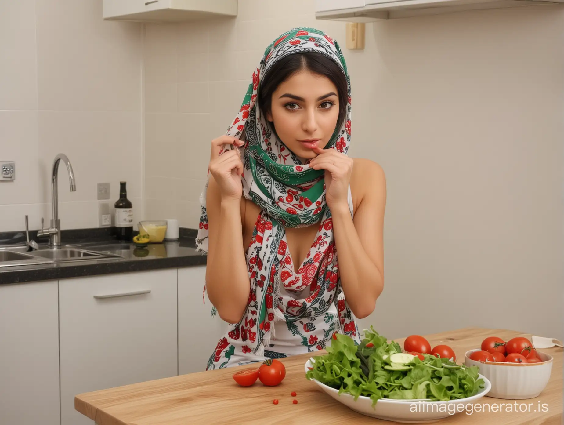A beautiful sexy iranian girl has eating a salad in the kitchen and she sit with a scarf in his head and she put a very sexy dress