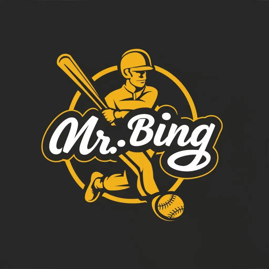a logo design,with the text "Mr. Bing", main symbol:Baseball Bat, Baseball, Baseball Player,complex,clear background