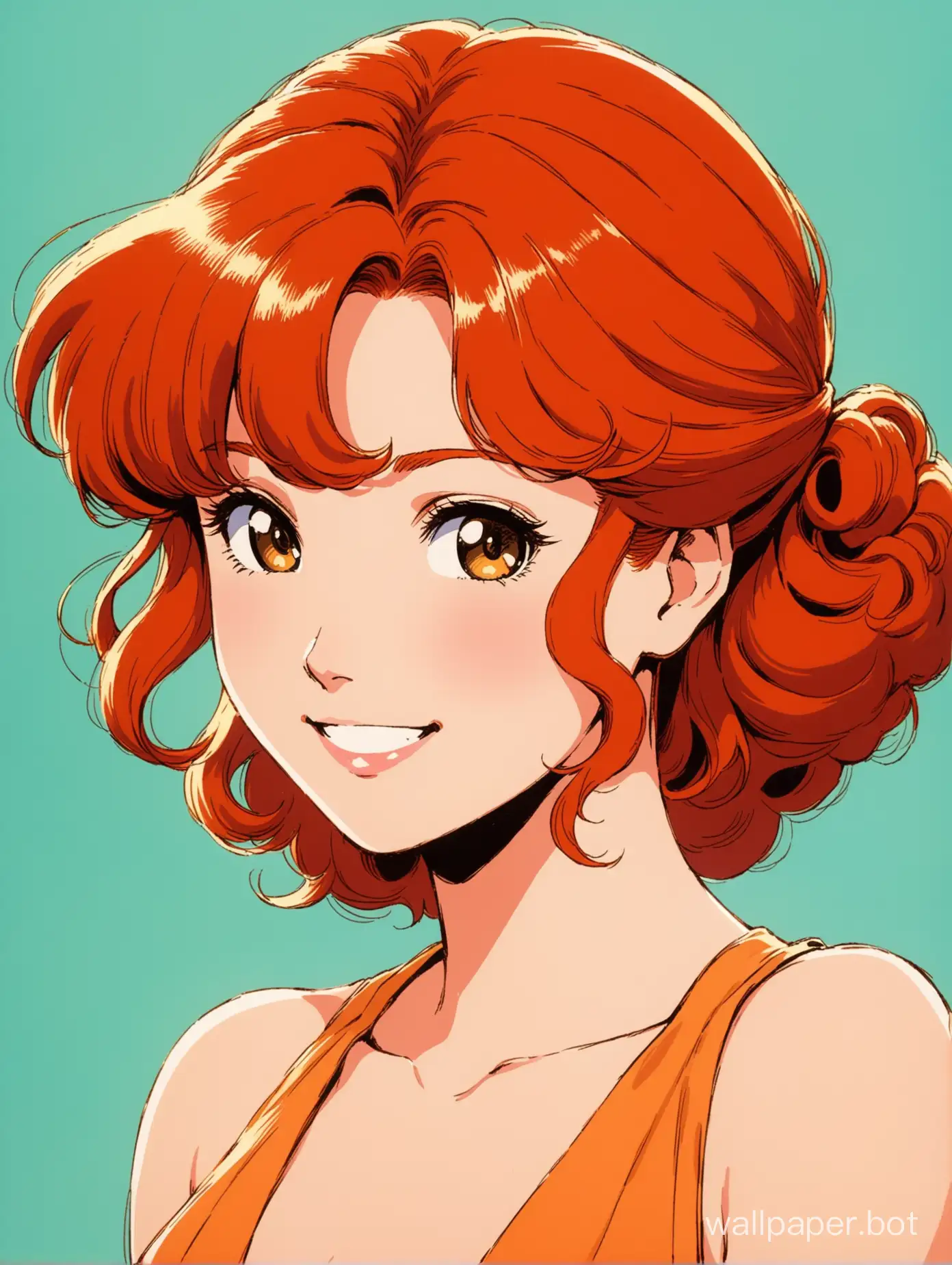 portrait of a beautiful young redhead woman, she has curly light red hair in a loose bun, she has a pleasant and pretty face, smiling slightly, plunging sleeveless dress, 1980s retro anime