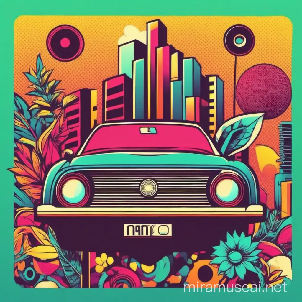 Create me a Retro-Style 90s and 2000s era wallpaper that focuses on music, cars, fashion, art, and nature... Include vectors and bright retro colours.