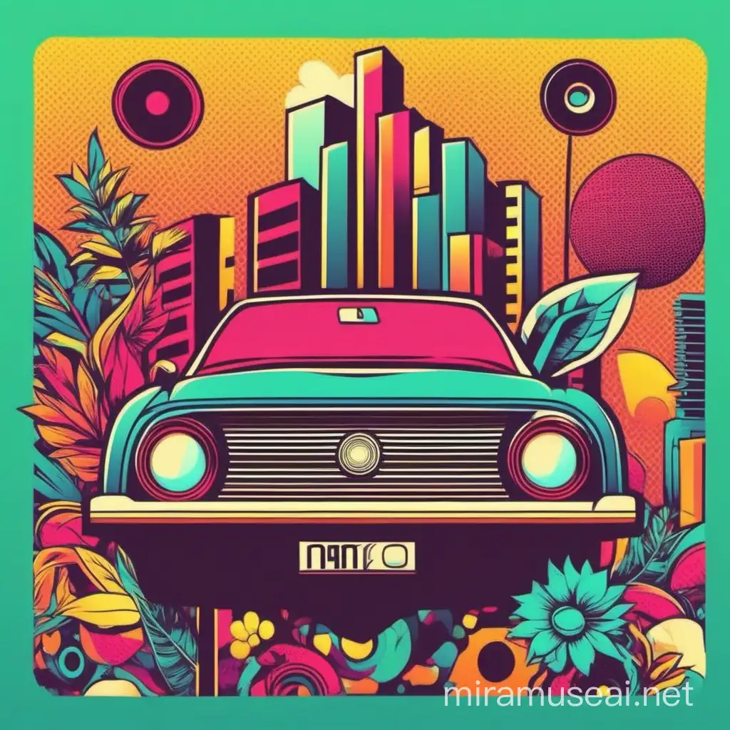 Retro Music Car Fashion Art Nature Wallpaper with Vectors and Bright Colors