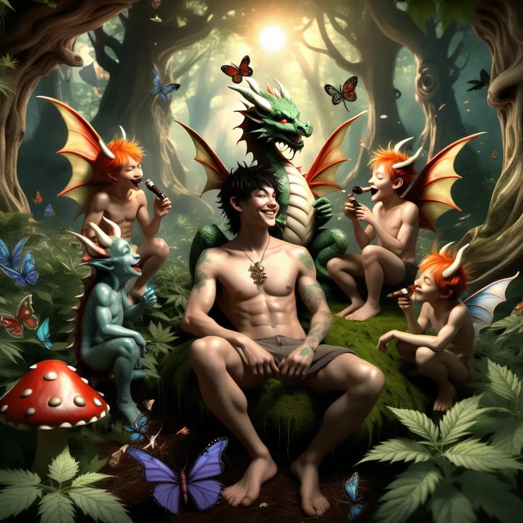 Enchanting Dragon Boys Romantic Cuddling in a Cannabis Forest