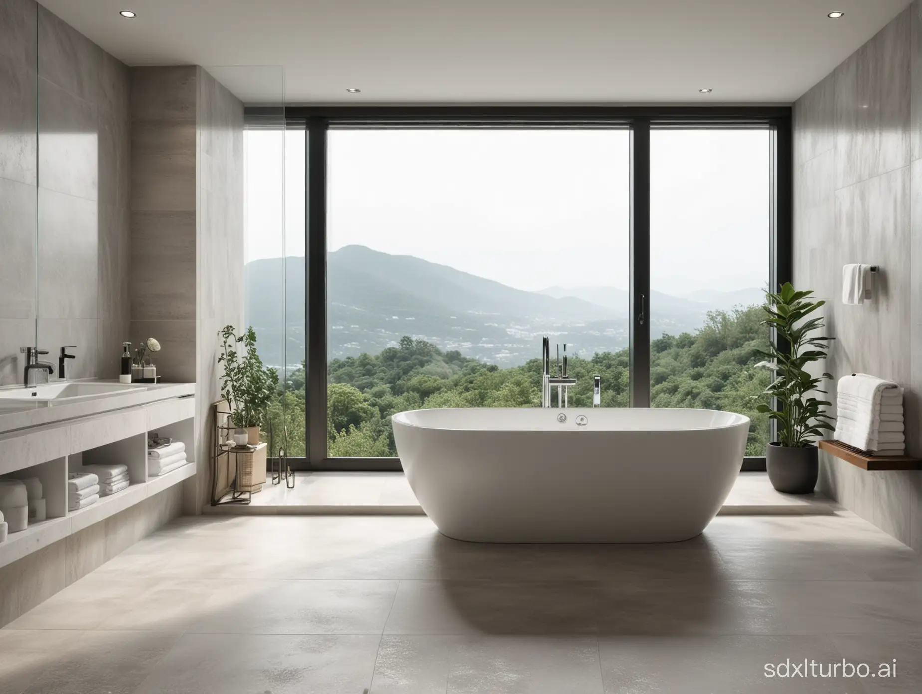 Simple, atmospheric, high-end bathroom background, a panoramic view of a long frontal bathtub.