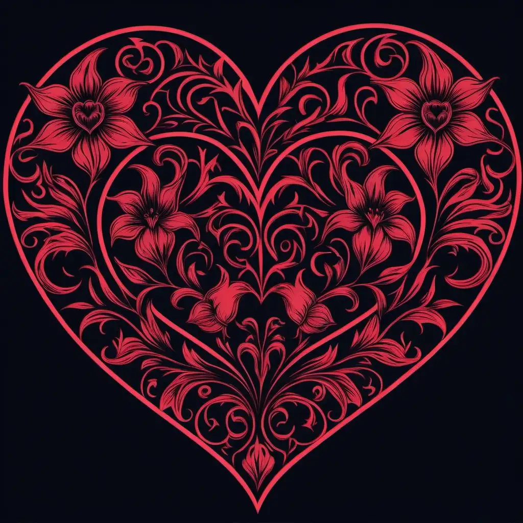 gothic floral heart clipart, red outline