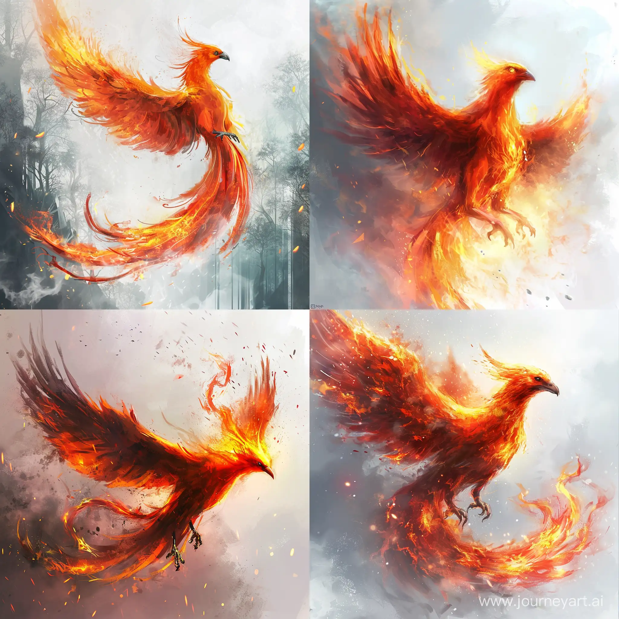 A fiery bird, the location where the sky is white and where the spirits are present, the style of digital painting