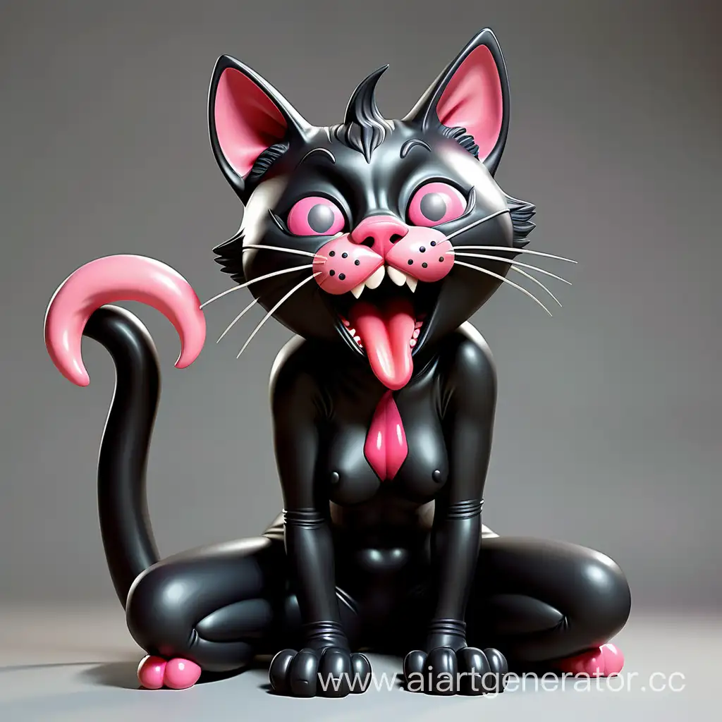 Антропоморфная черная латекстная кошка на коленях с высунутым языком и розовым носиком