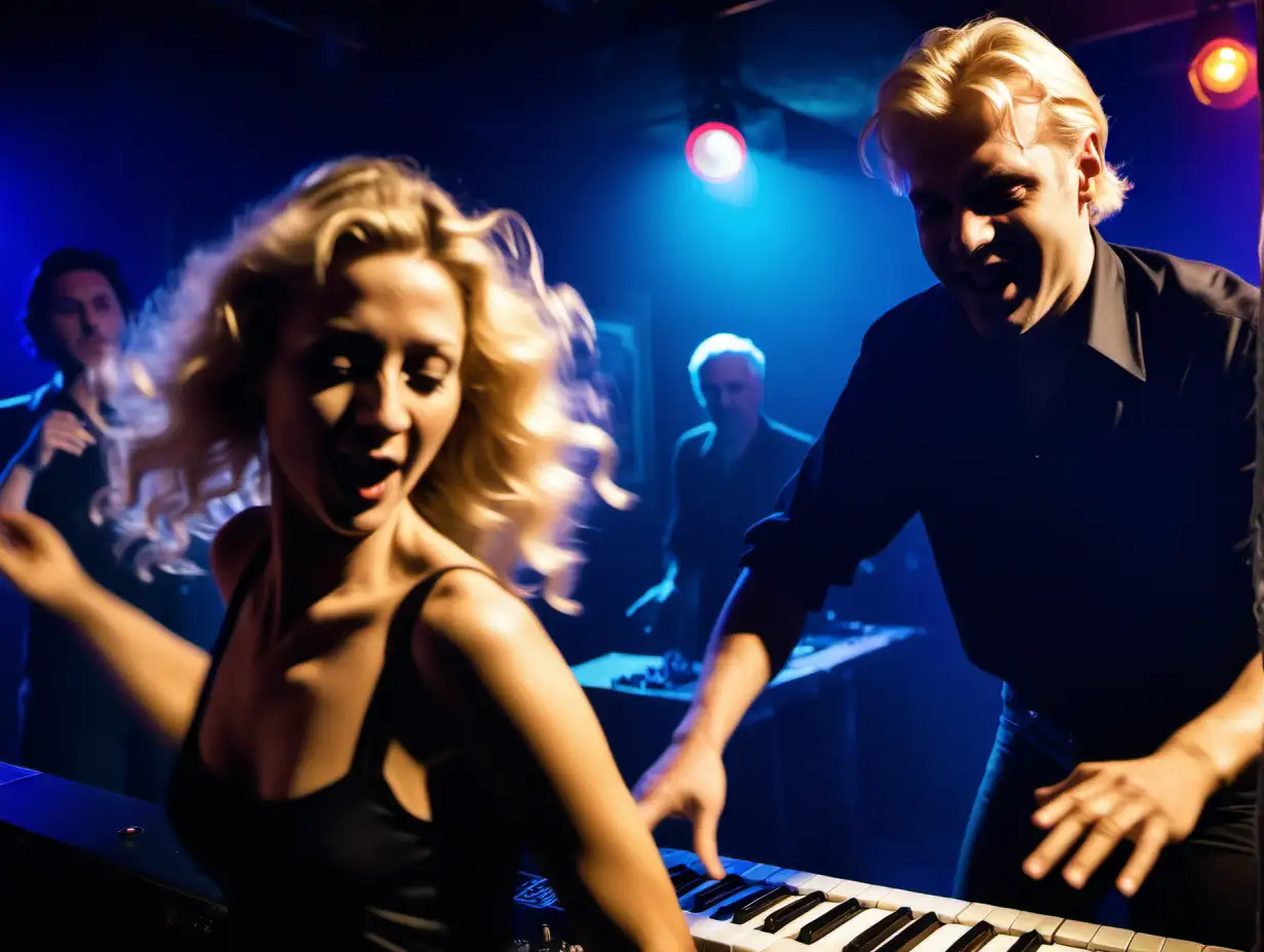 male keyboardist with blond haired woman dancing behind him in a blues club