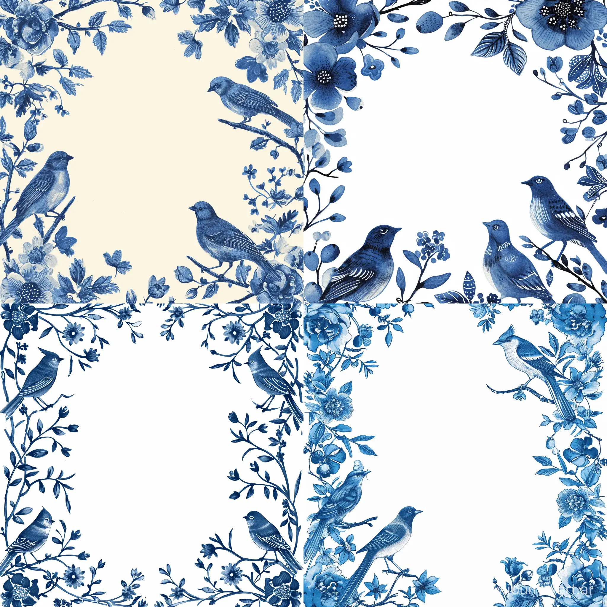 blue chinoiserie, birds and floral elements, suitable for wedding invitation, near edges leave white space in the middle, ar 4:3