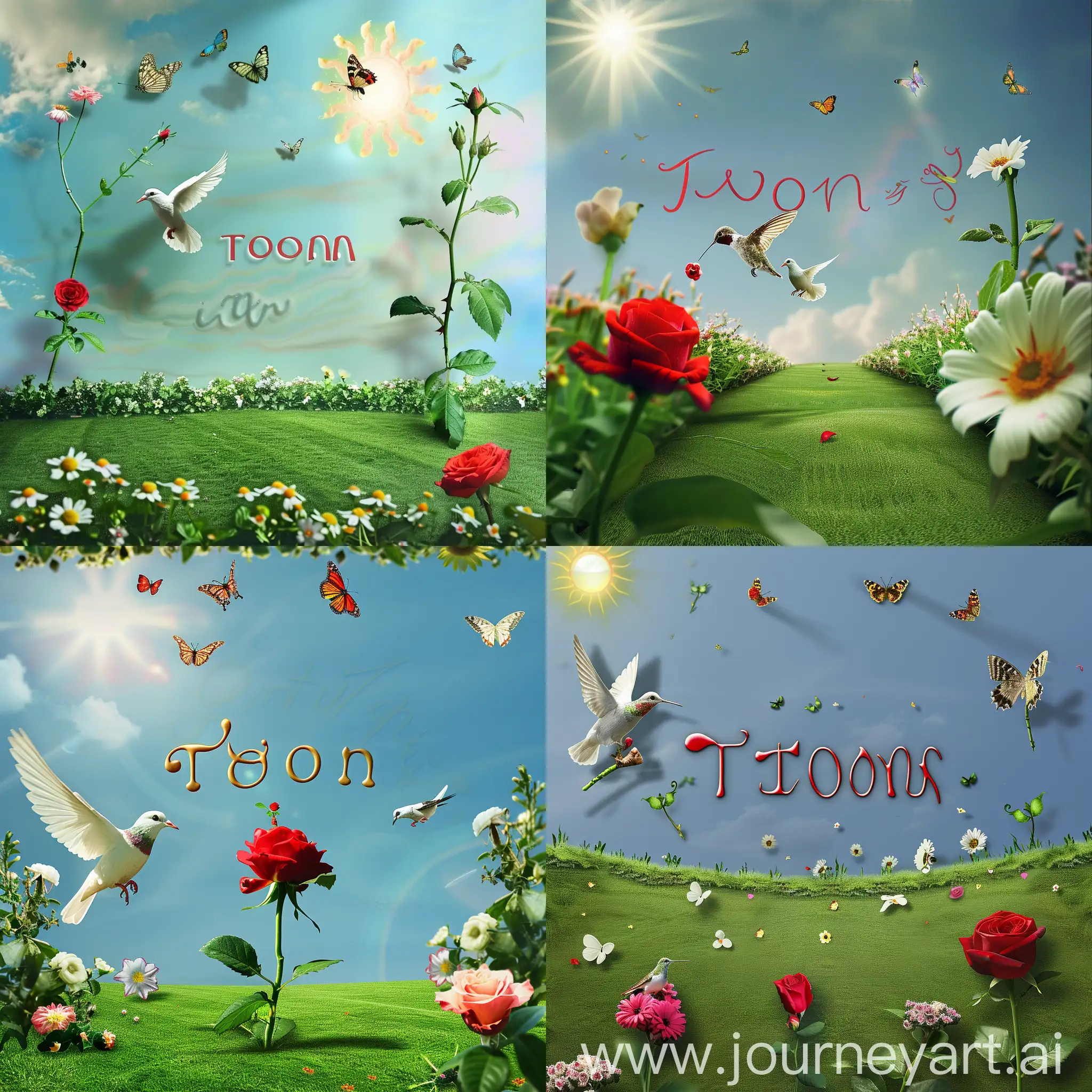 Create a surrealistic long shot image of a flower garden with smooth green lawn with three very small butterflies flitting at the top of the image and a very small hummingbird seen perched on a flower by the left side of the image. A  small white dove flies across the image with a small red rose flower and stem in its beak. In the background written in medium size letters is the name "Tonia". The sun can be seen in a blue sky. 