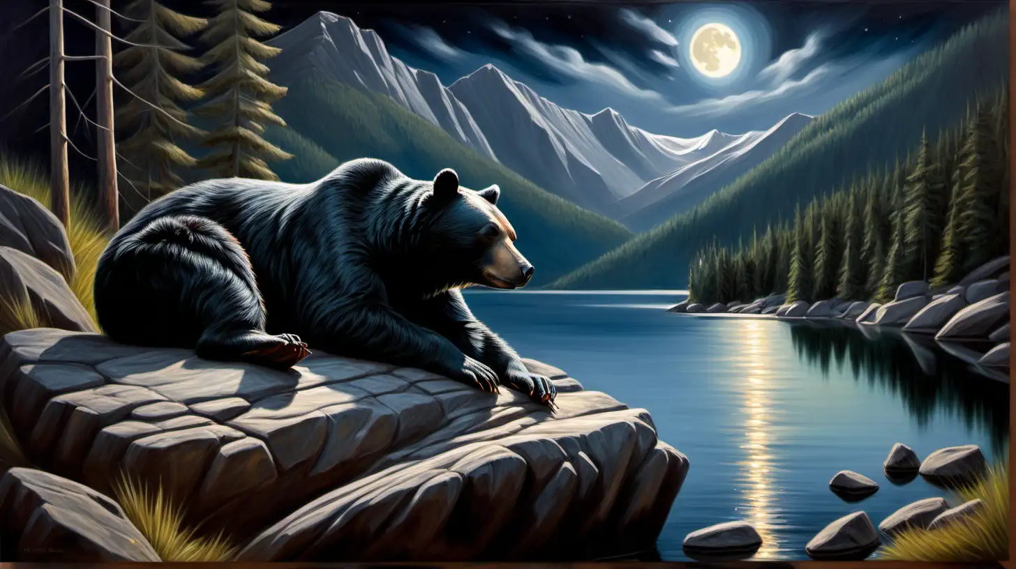  oil painting of black bear sleeping on rock, forest, lake and mountain in background, moonlight