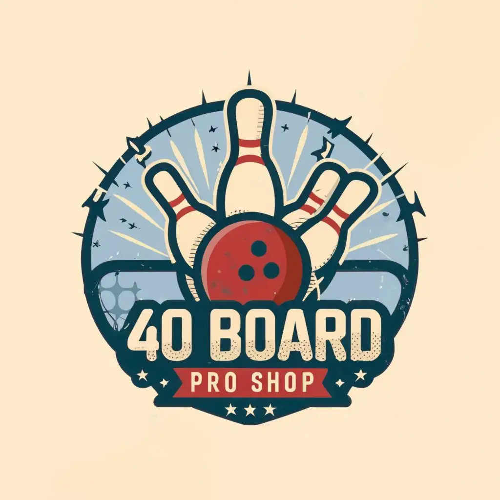 logo, Bowling Ball and pins, with the text "40 Board 
Pro Shop", typography