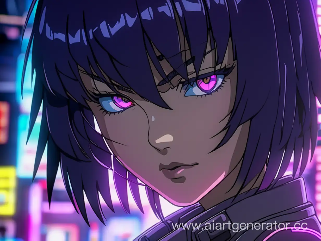 Motoko Kusanagi face close up cyberpunk neon lights 