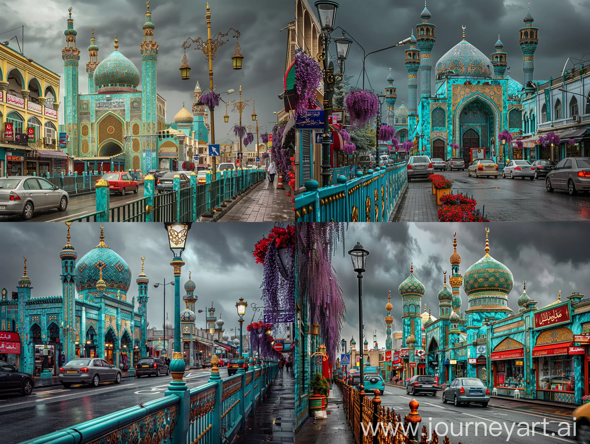 photograph, all buildings and mosques are Timurid turquoise marbled having golden red blue Persian tilework design, traffic on a France-like street having shops and stores, islamic style fence on sidewalk, few islamic ornamented lamp lights, direction signboards, lavender red hanging flowers, dark grey sky --ar 4:3 --style raw